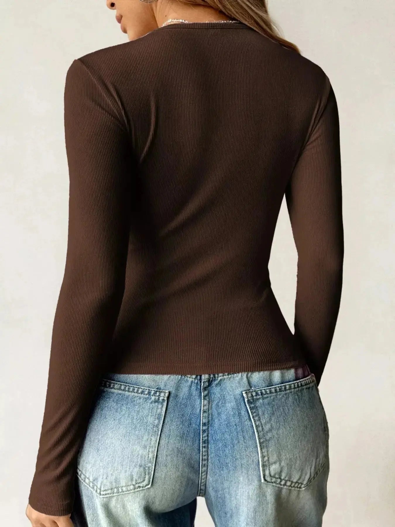 Ribbed Knit Long Sleeve Fitted T-Shirt - DaisyDrop 