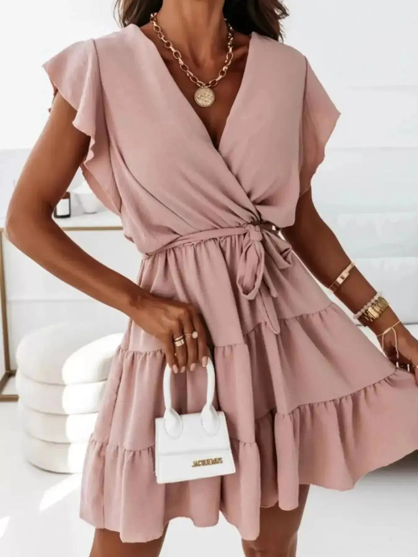 Ruffle Sleeve Tie Waist Tiered Mini Dress - DaisyDrop 