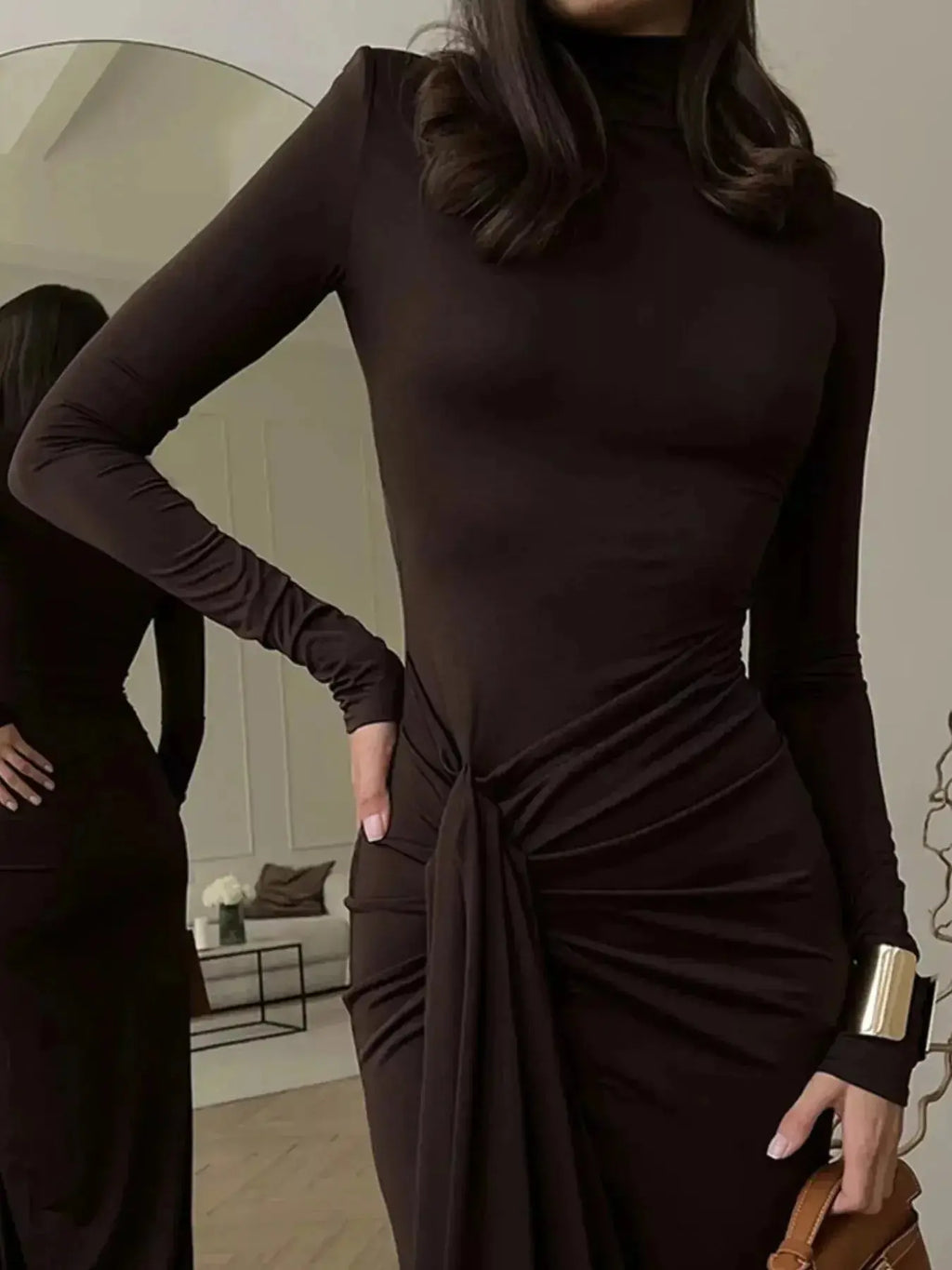Turtleneck Long Sleeve Slit Maxi Dress - DaisyDrop 