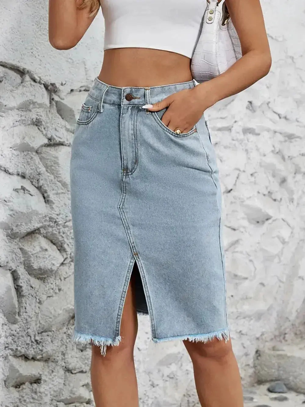 Raw Hem Slit Denim Skirt - DaisyDrop 