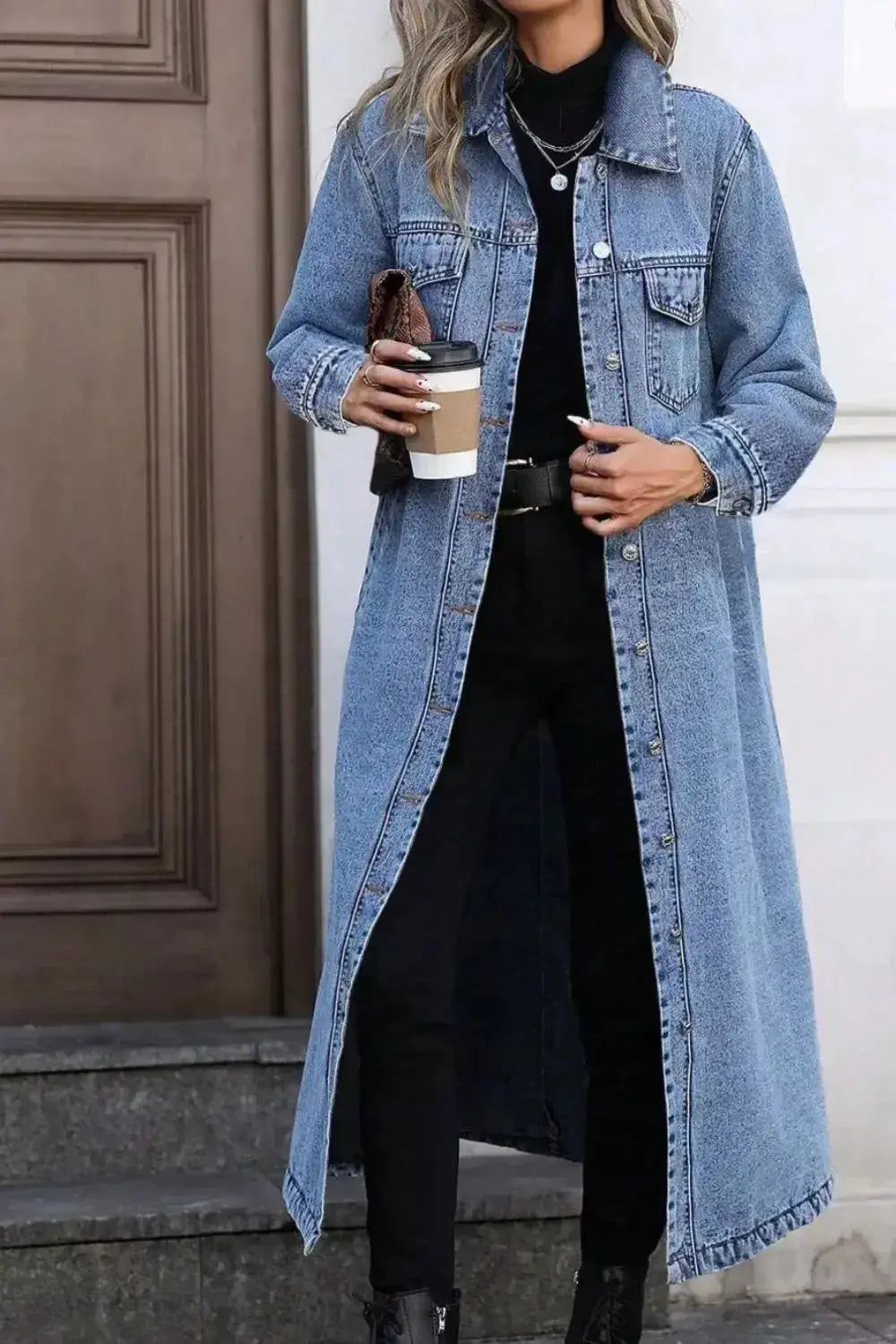 Longline Button-Front Denim Jacket - DaisyDrop 