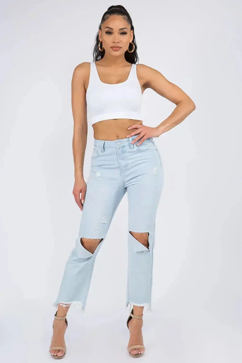 American Bazi High Waist Distressed Raw Hem Jeans - DaisyDrop 