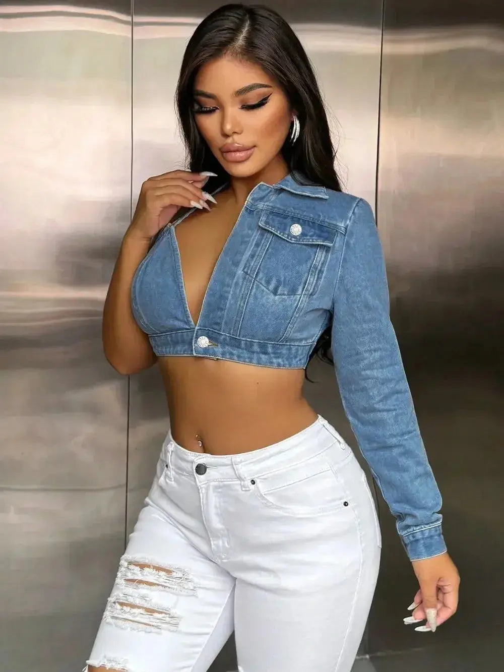 One Shoulder Long Sleeve Cropped Denim Top - DaisyDrop 