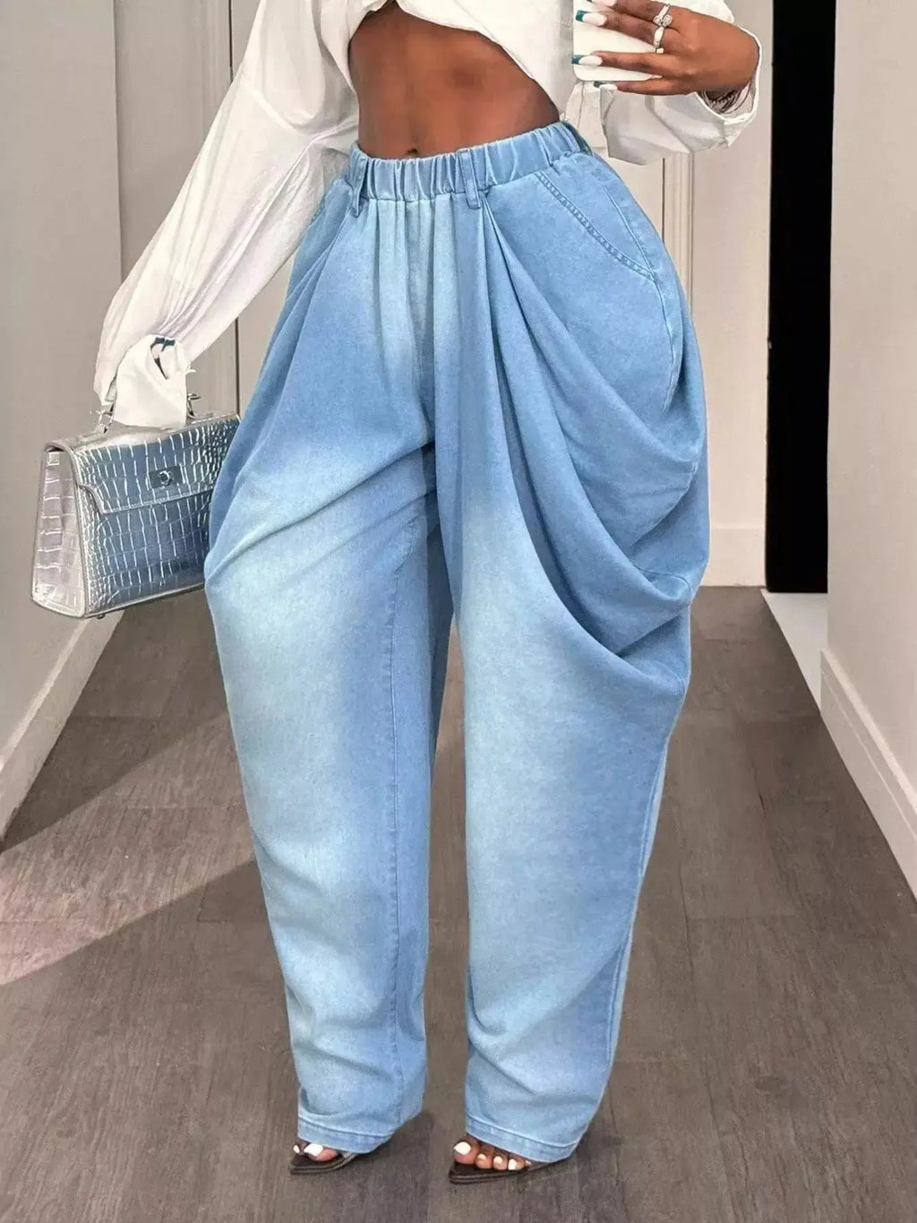 Ruched Wide Leg Jeans - DaisyDrop 