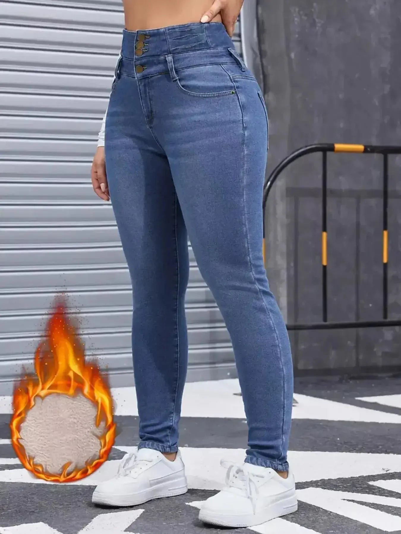 High-Waisted Slim Fit Fleece-Lined Jeans - DaisyDrop 