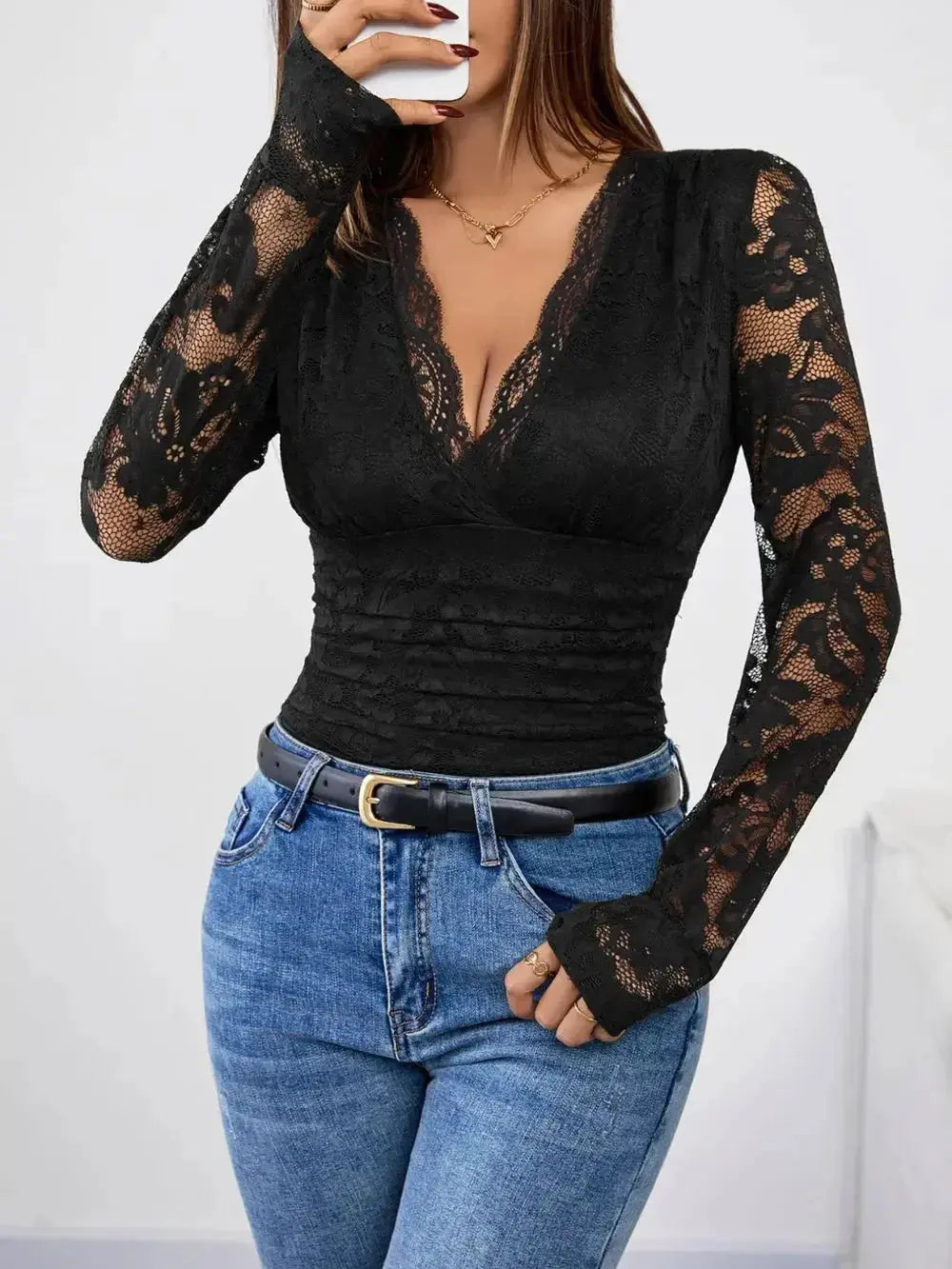 Perfee V-Neck Long Sleeve Lace Top - DaisyDrop 