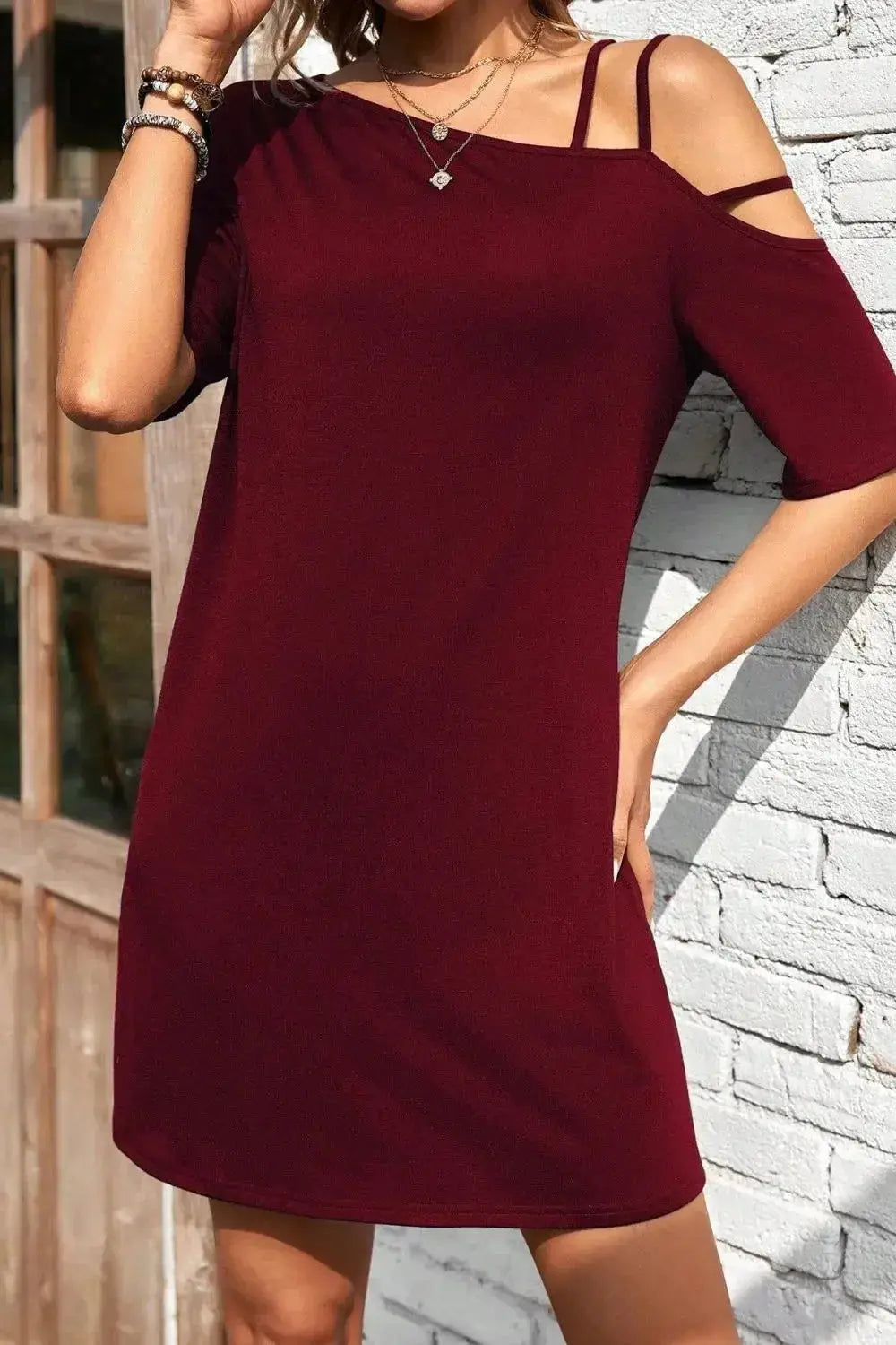 Asymmetrical Neck Half Sleeve Mini Dress - DaisyDrop 