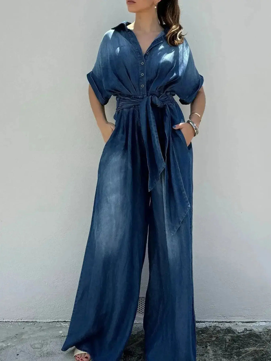 Button Front Wide Leg Denim Jumpsuit - DaisyDrop 