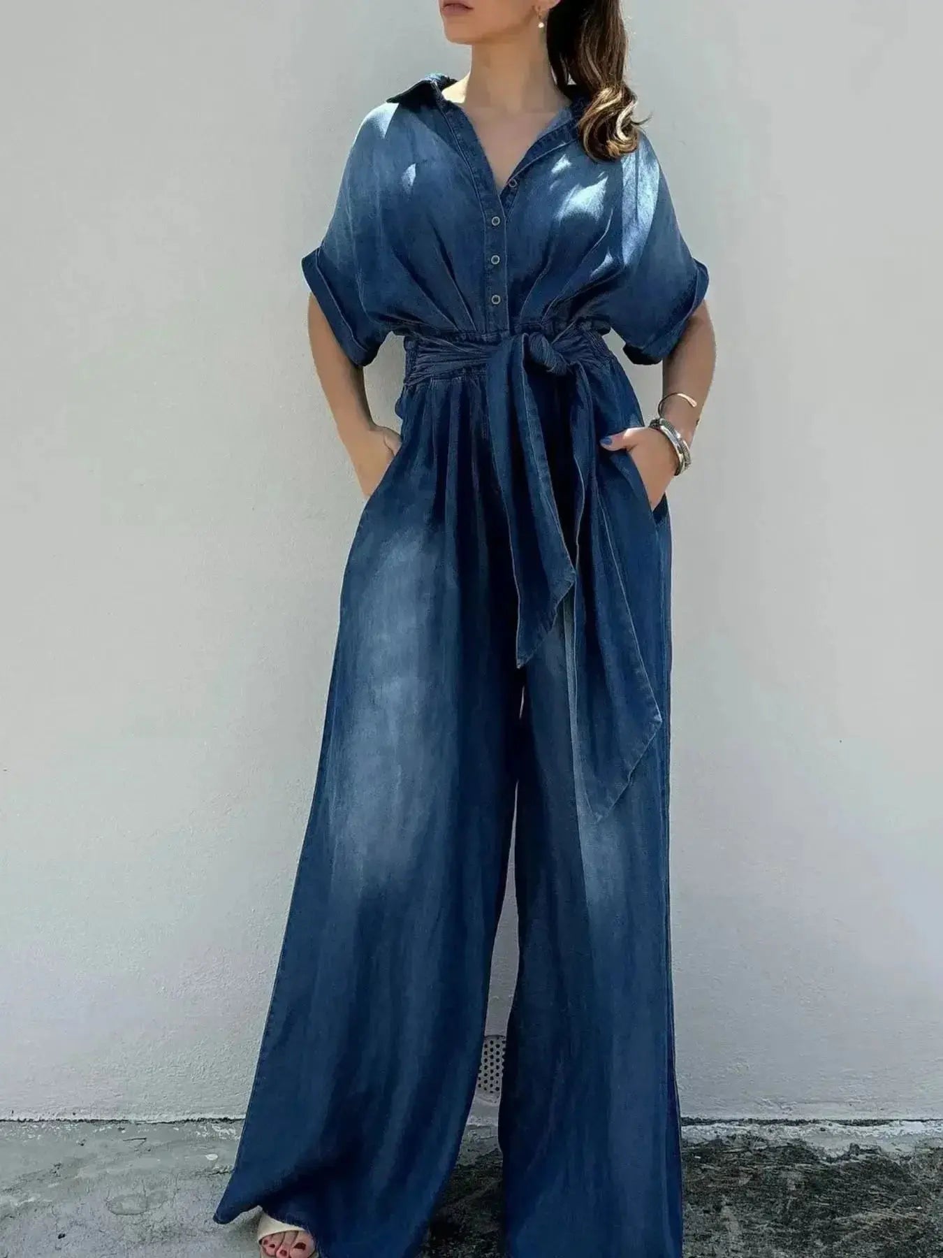 Button Front Wide Leg Denim Jumpsuit - DaisyDrop 