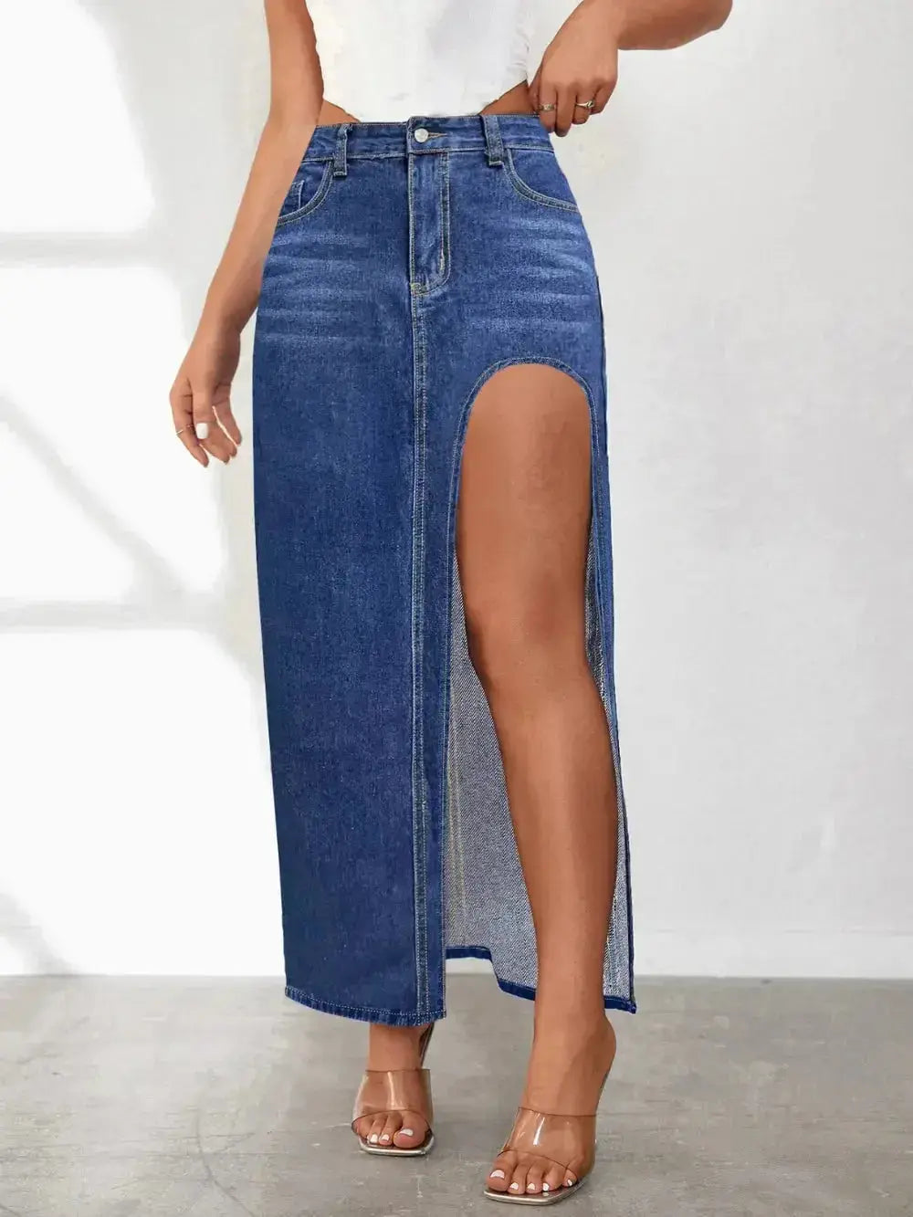 High Rise Slit Denim Skirt - DaisyDrop 