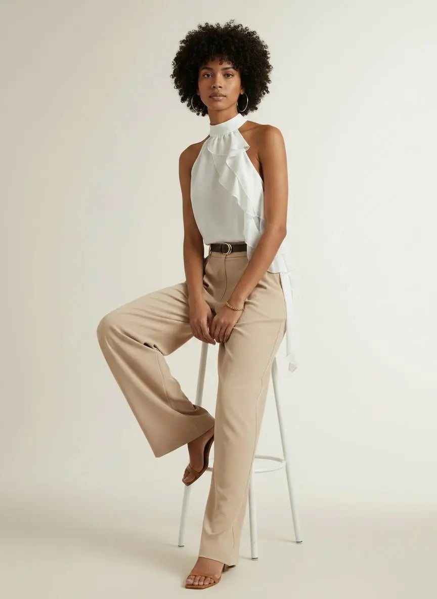 Model sitting while wearing Ruffle Halter Neck Sleeveless Blouse