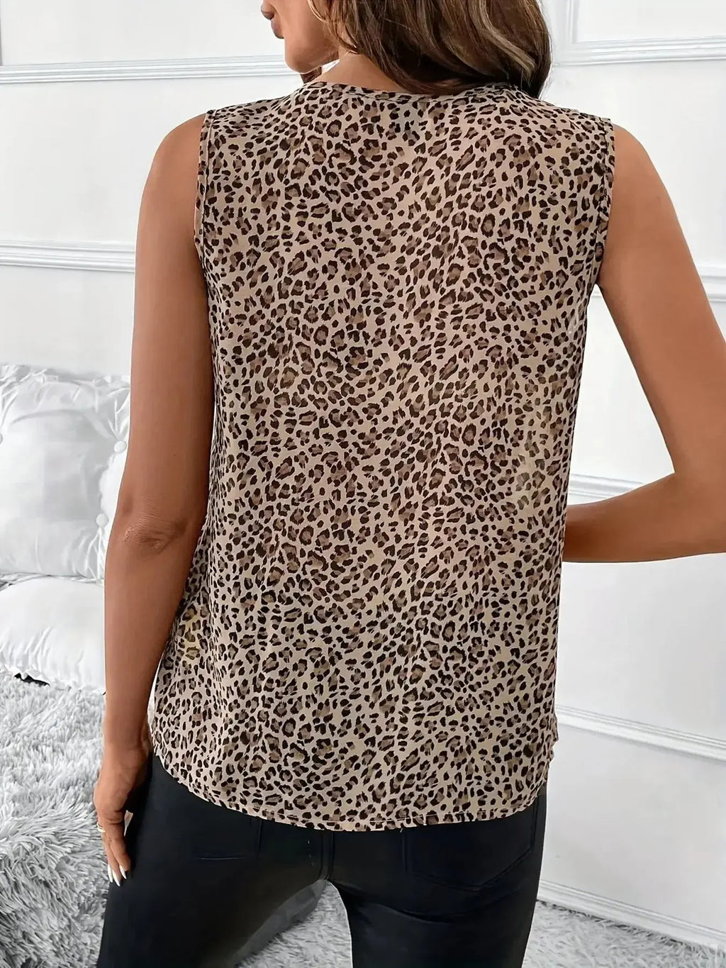 Leopard Print V-Neck Ruffle Tank Top - DaisyDrop 