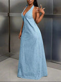 Backless Halter Neck Maxi Denim Dress - DaisyDrop 