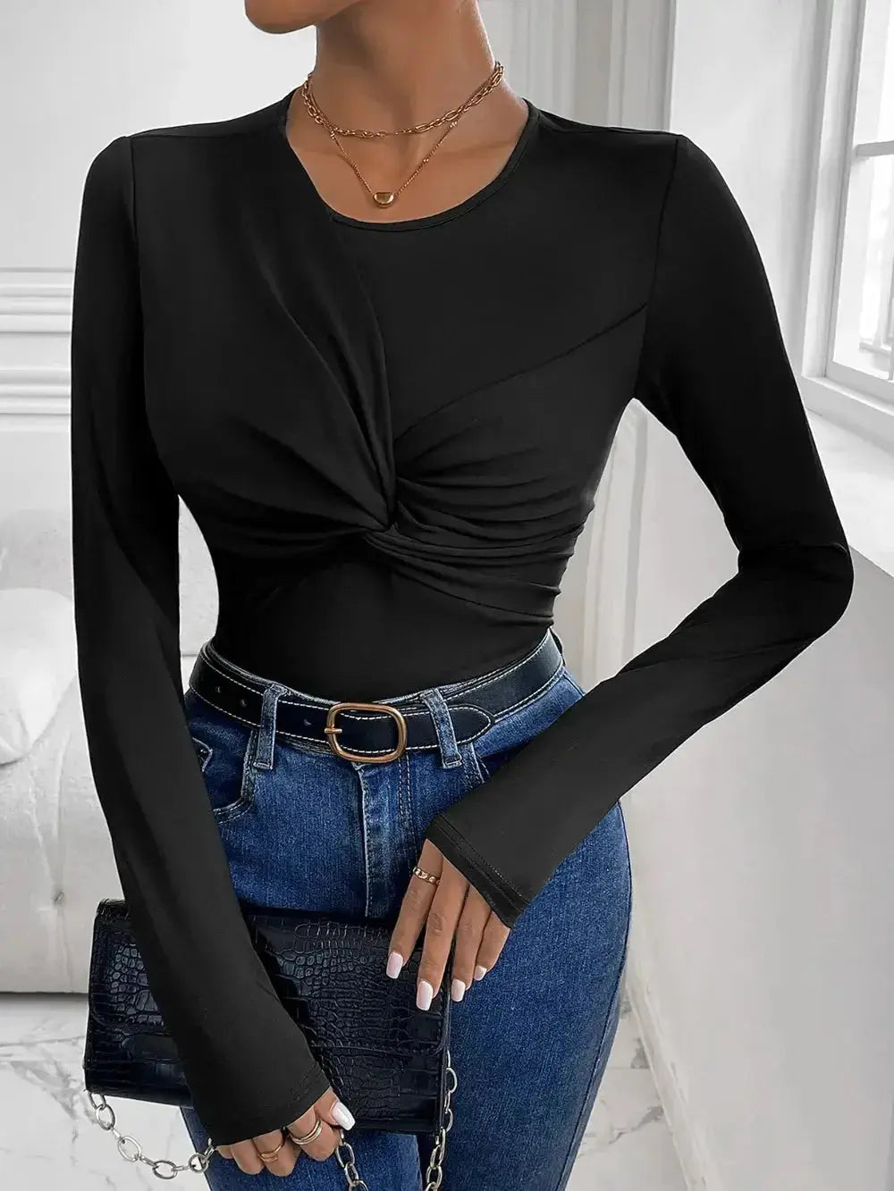 Perfee Twisted Round Neck Long Sleeve Bodysuit - DaisyDrop 