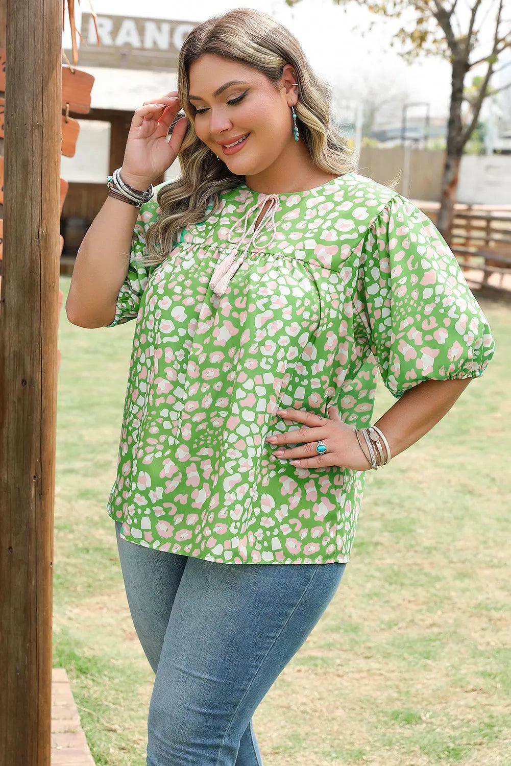 Selena Plus Size Floral Tassel Tie Blouse Threaded Pear