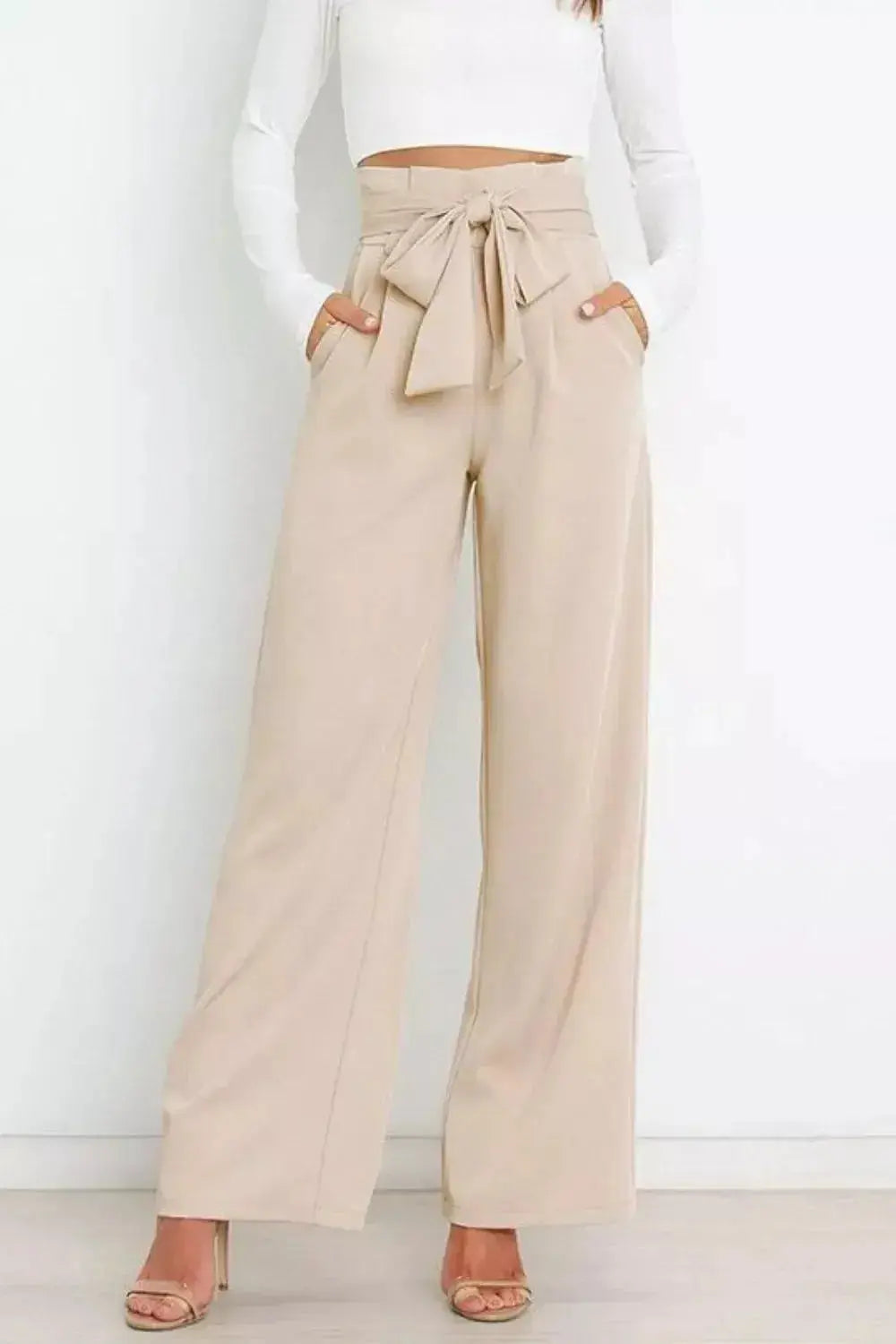 High Waist Tie Front Wide Leg Pants - DaisyDrop 