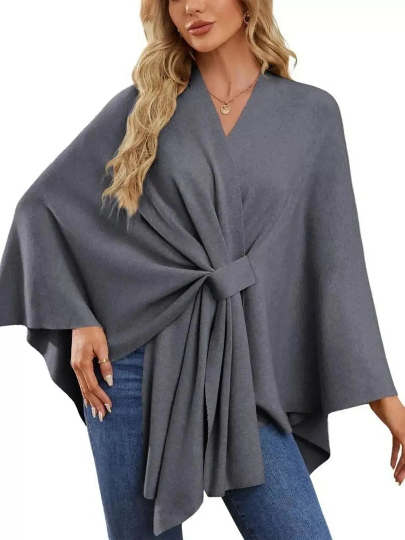 Solid Color Tie-Front Knit Cape Top - DaisyDrop 