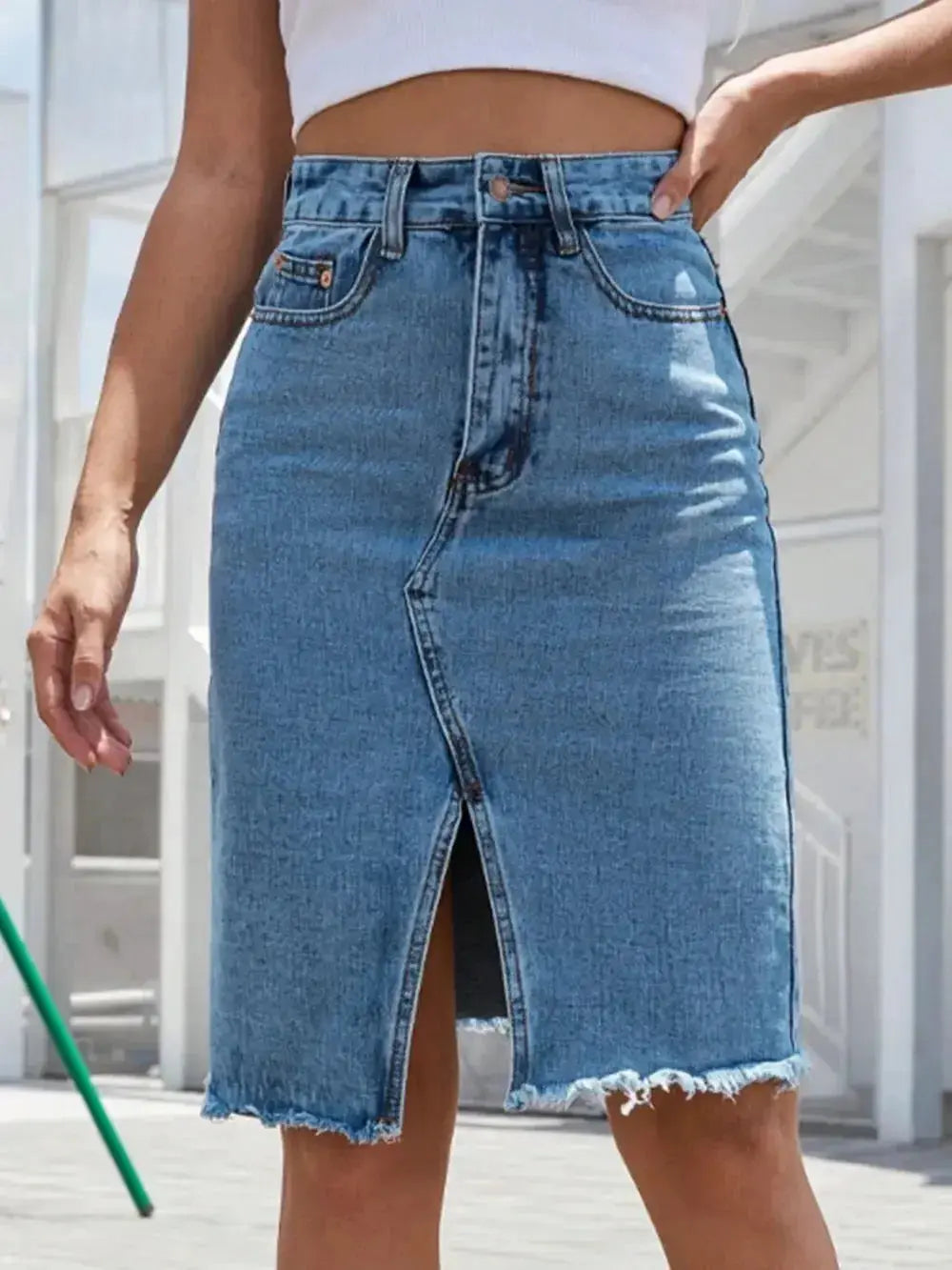 Raw Hem Slit Denim Skirt - DaisyDrop 