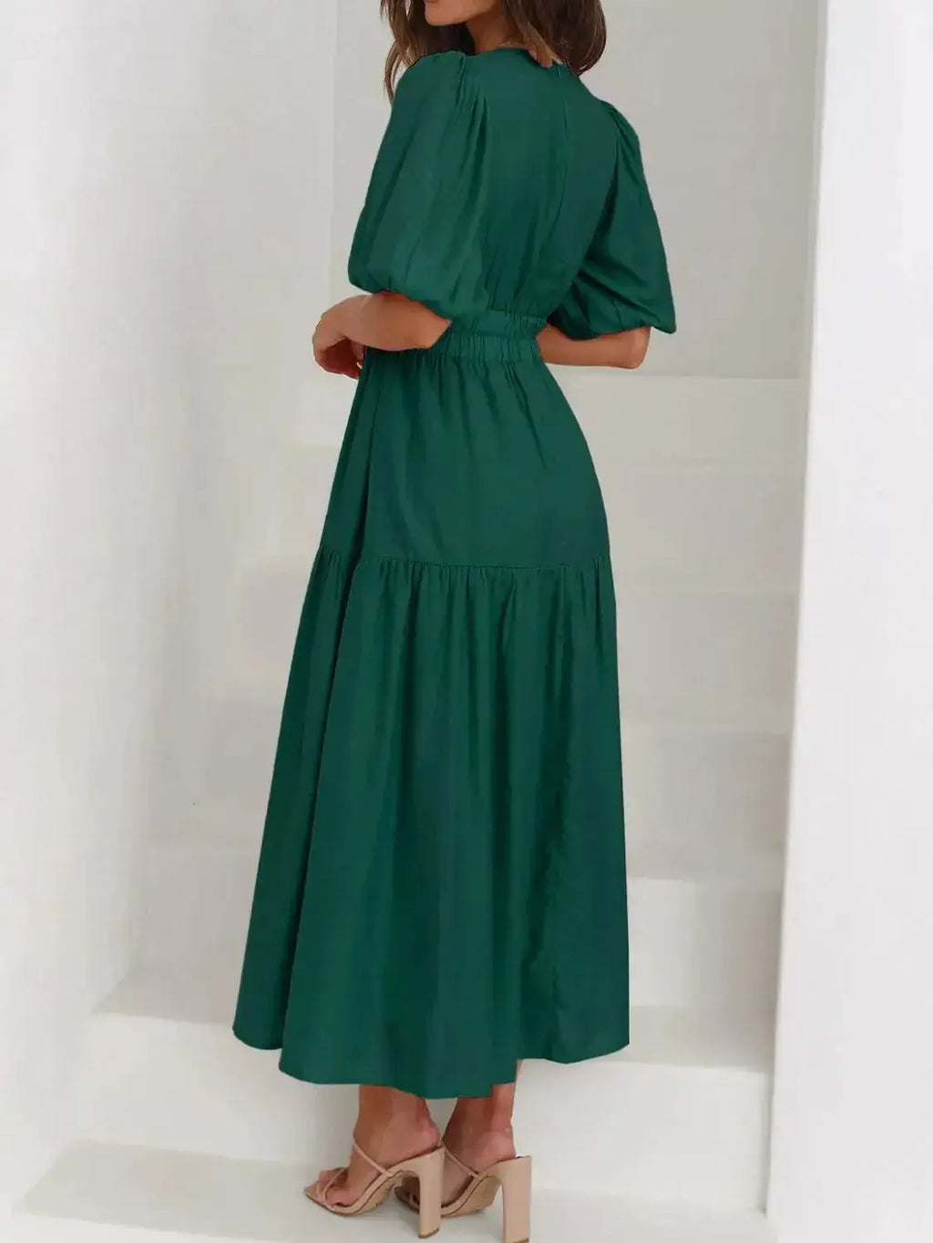 V-Neck Puff Sleeve Midi Dress - DaisyDrop 