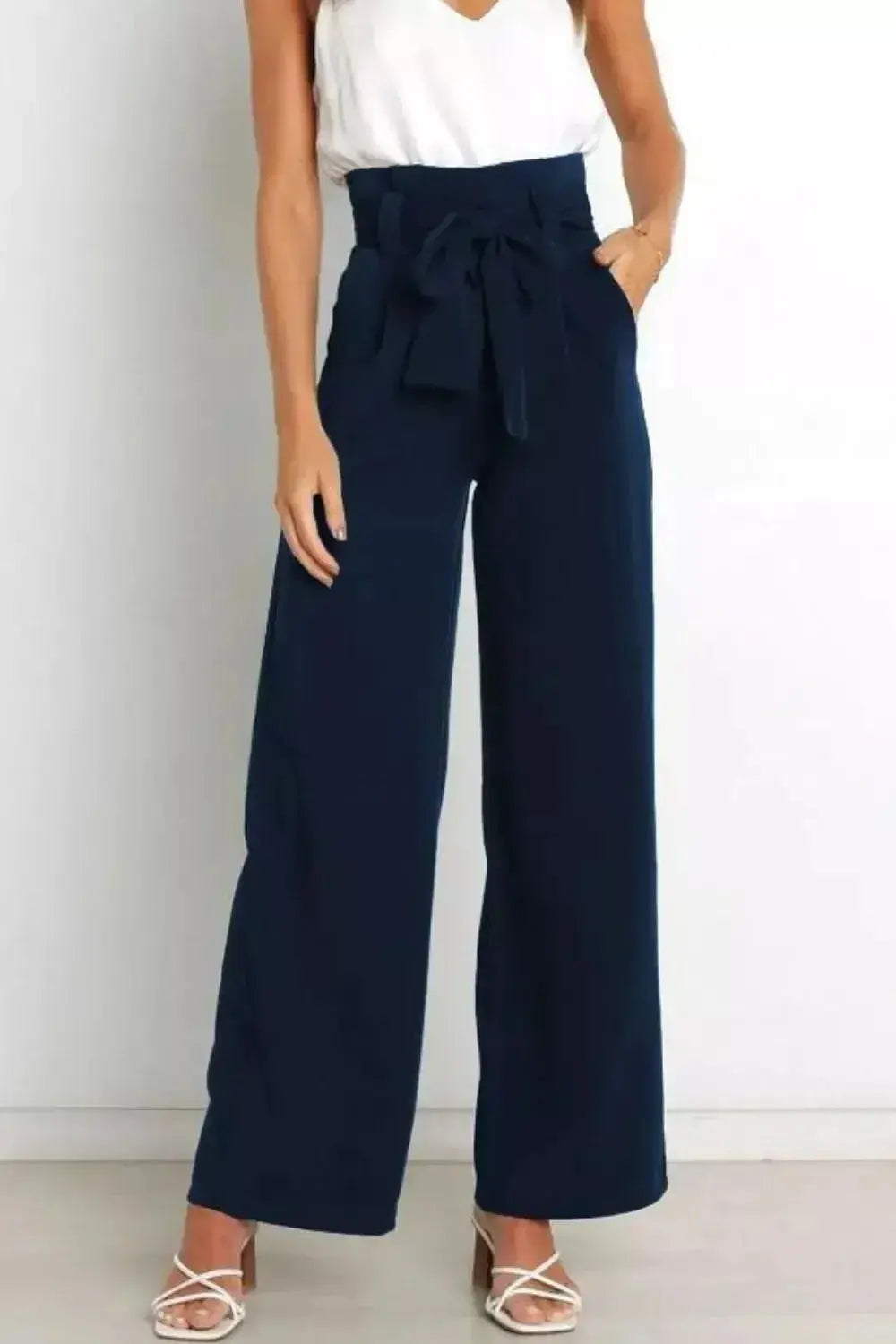 High Waist Tie Front Wide Leg Pants - DaisyDrop 