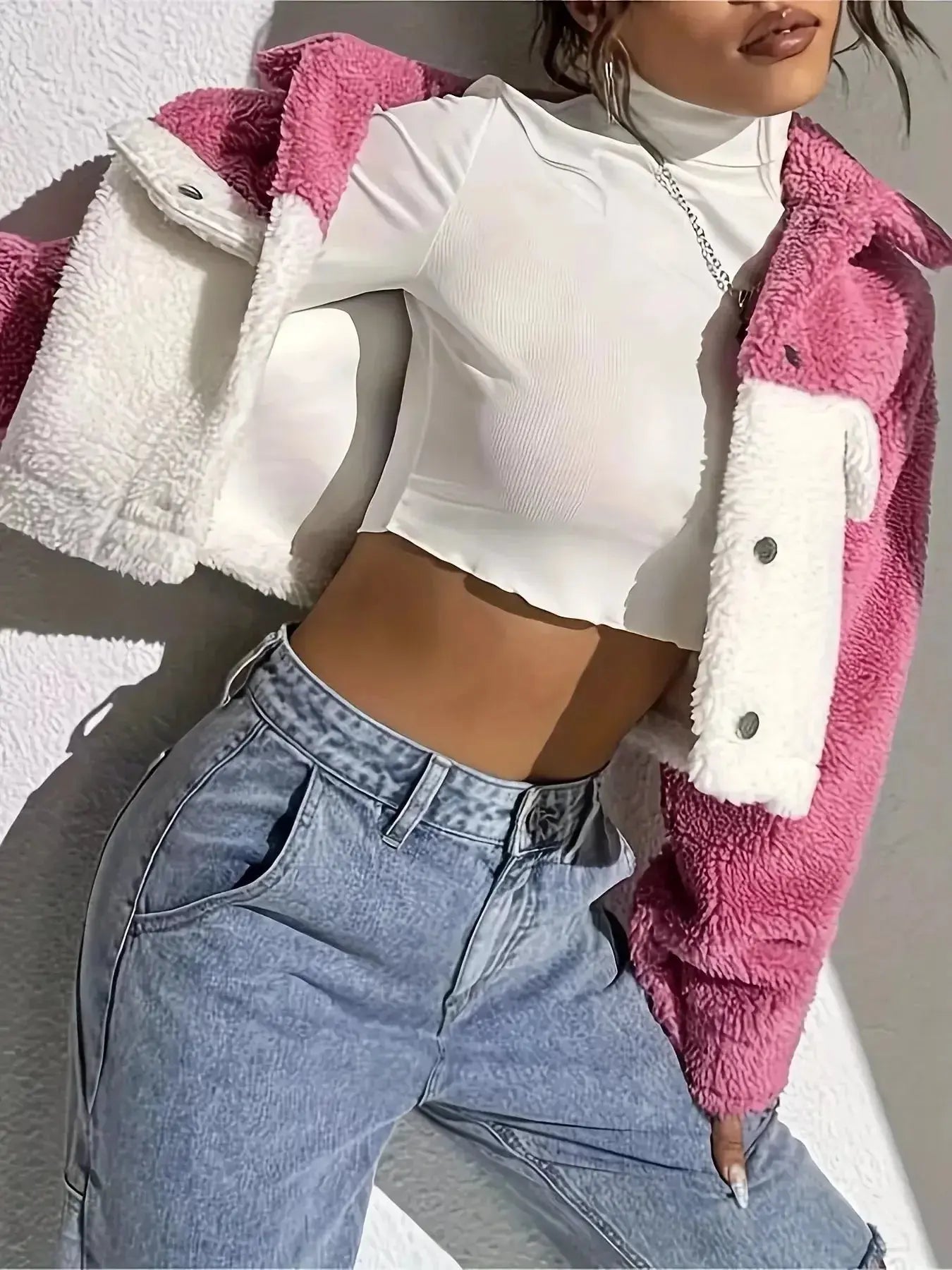 Two-Tone Plush Cropped Jacket - DaisyDrop 