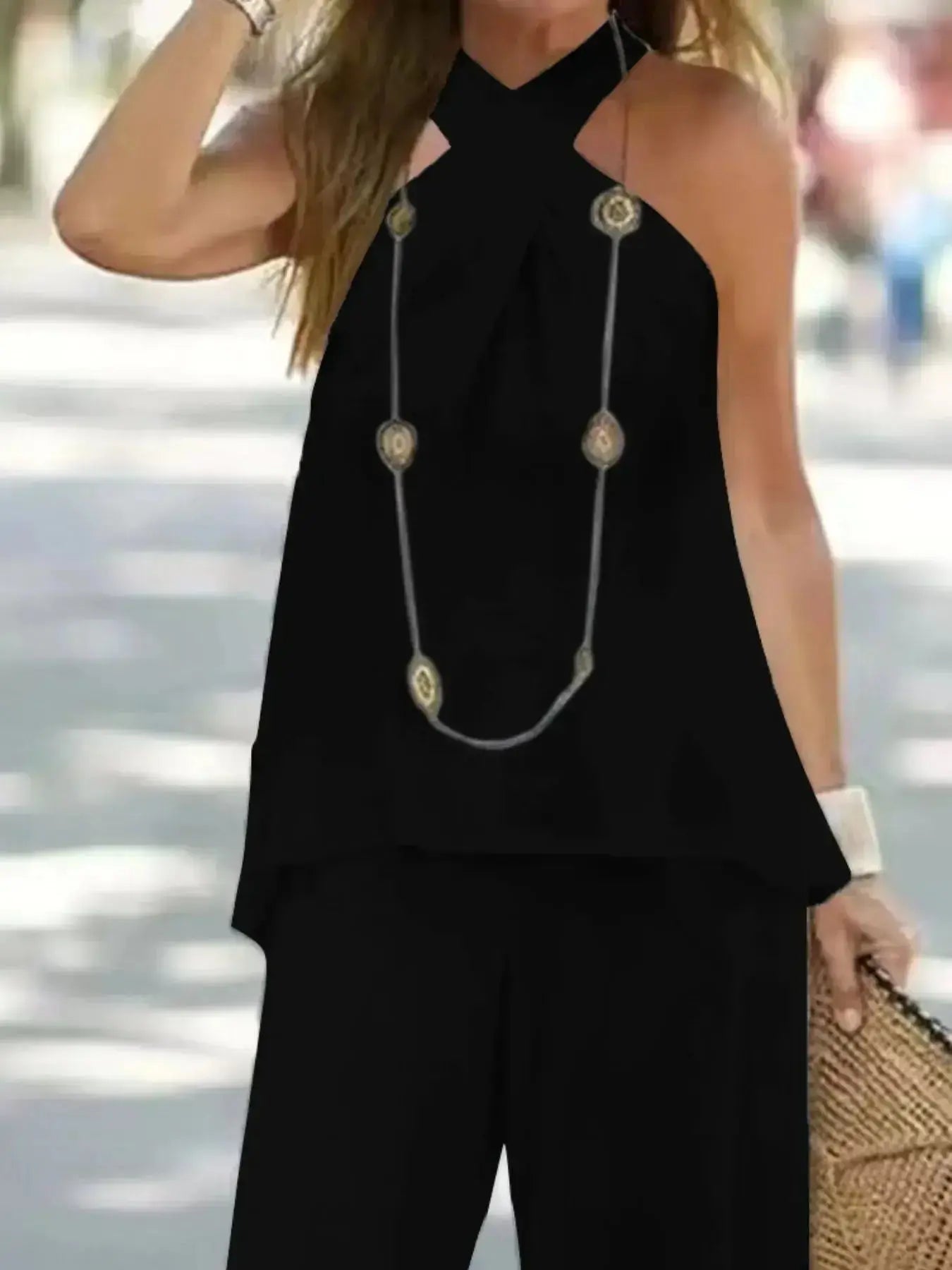 Halter Top and Wide Leg Pants Matching Set - DaisyDrop 