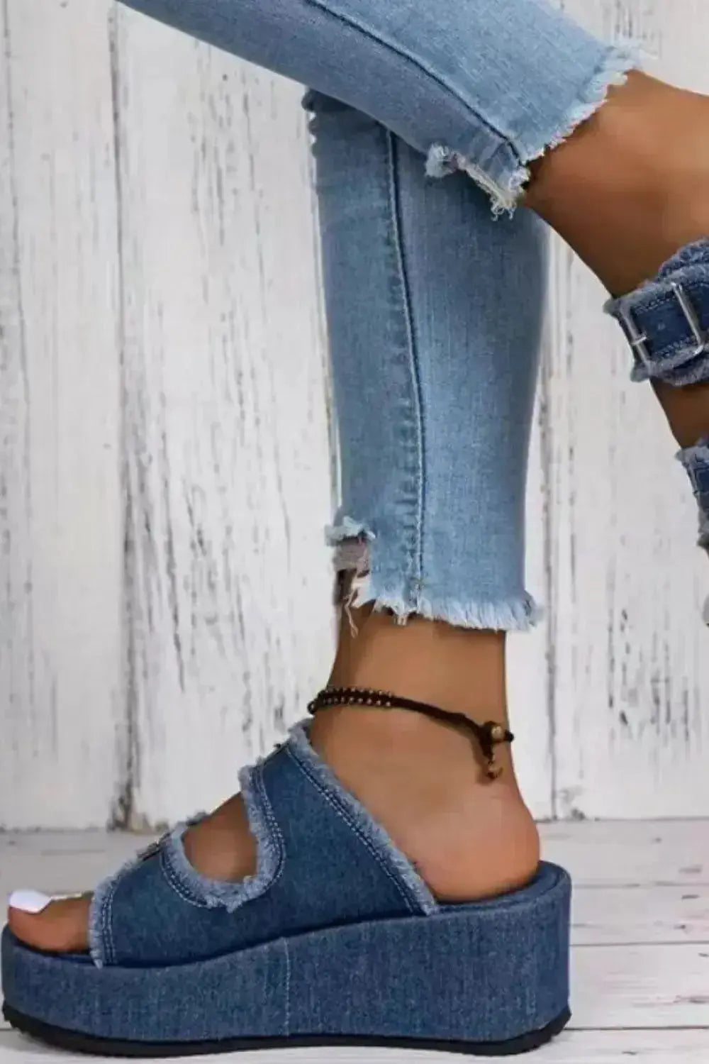 Raw Hem Wedge Buckle Sandals - DaisyDrop 