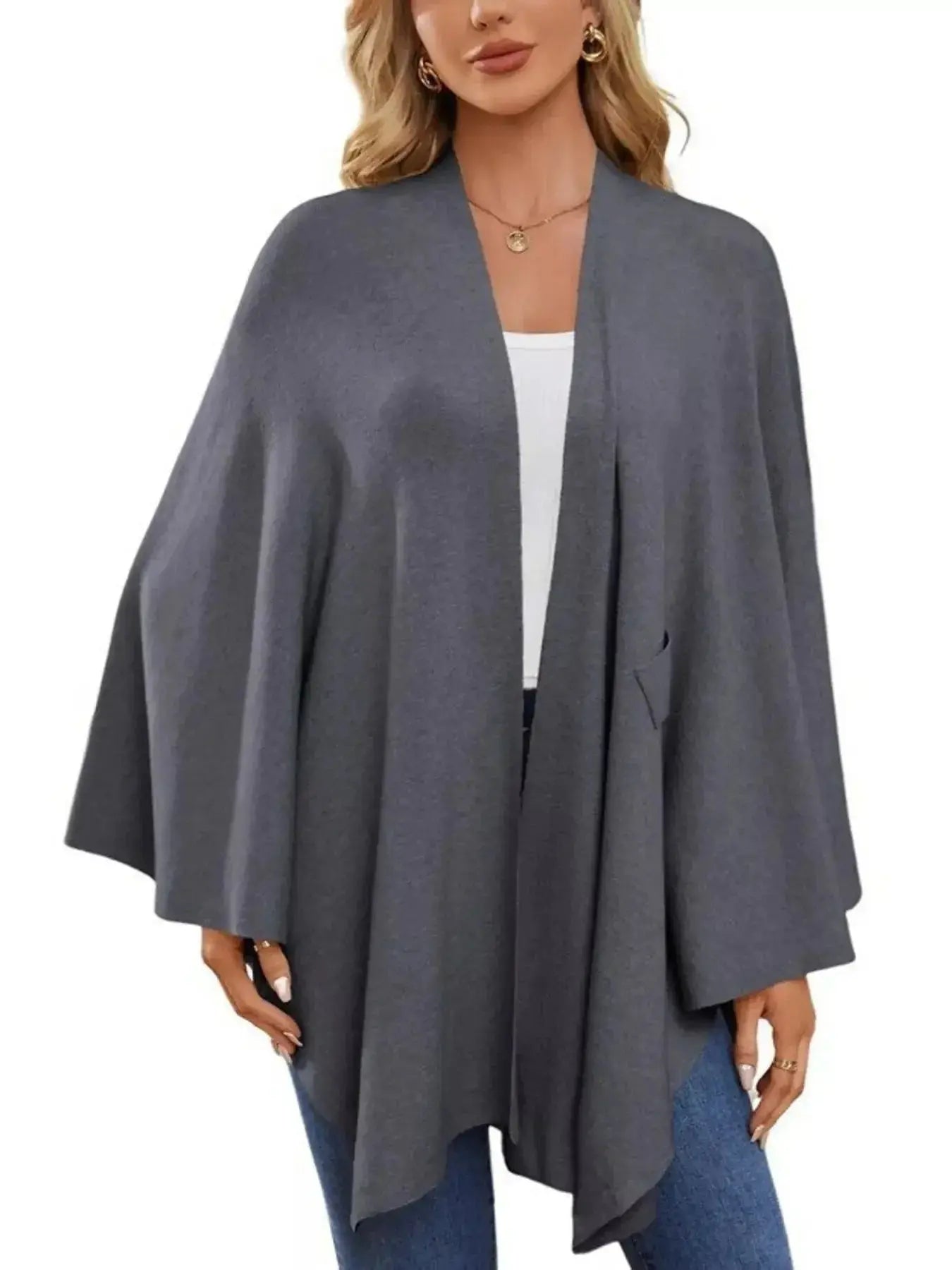 Solid Color Tie-Front Knit Cape Top - DaisyDrop 