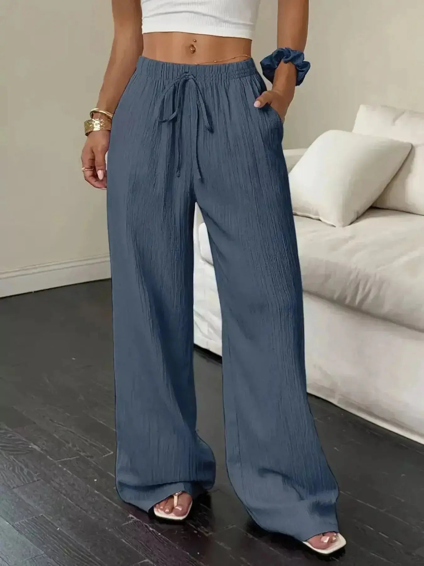 Wide Leg Pants with Drawstring - DaisyDrop 