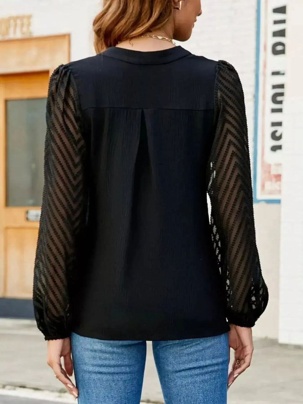Notched Balloon Sleeve Blouse - DaisyDrop 