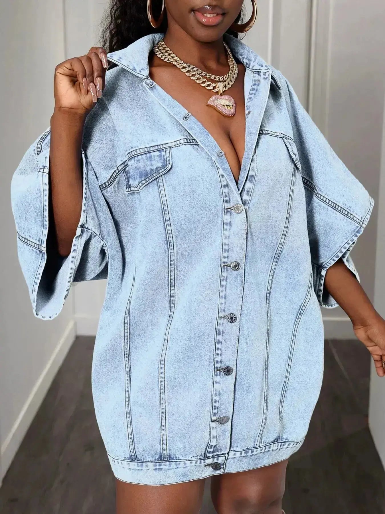 Oversized Batwing Sleeve Denim Top - DaisyDrop 