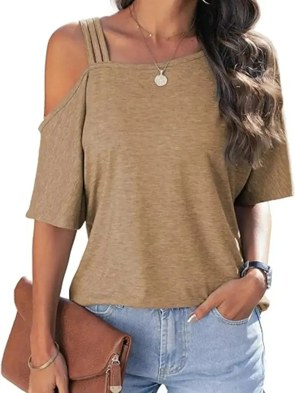 Asymmetrical Neck Half Sleeve T-Shirt - DaisyDrop 