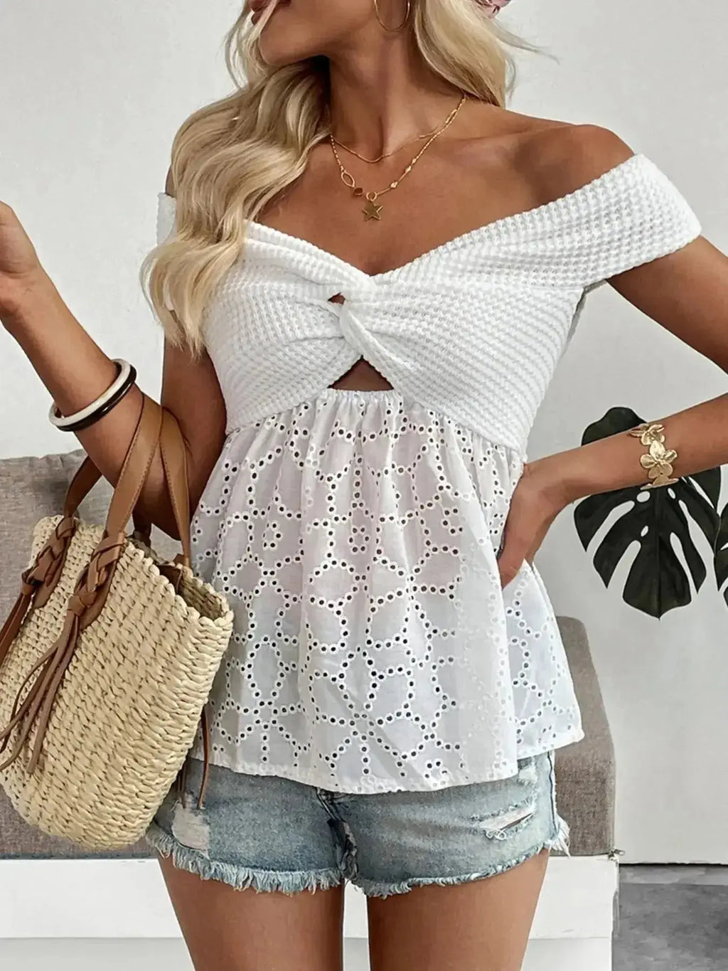 Eyelet Cutout Off-Shoulder Blouse - DaisyDrop 