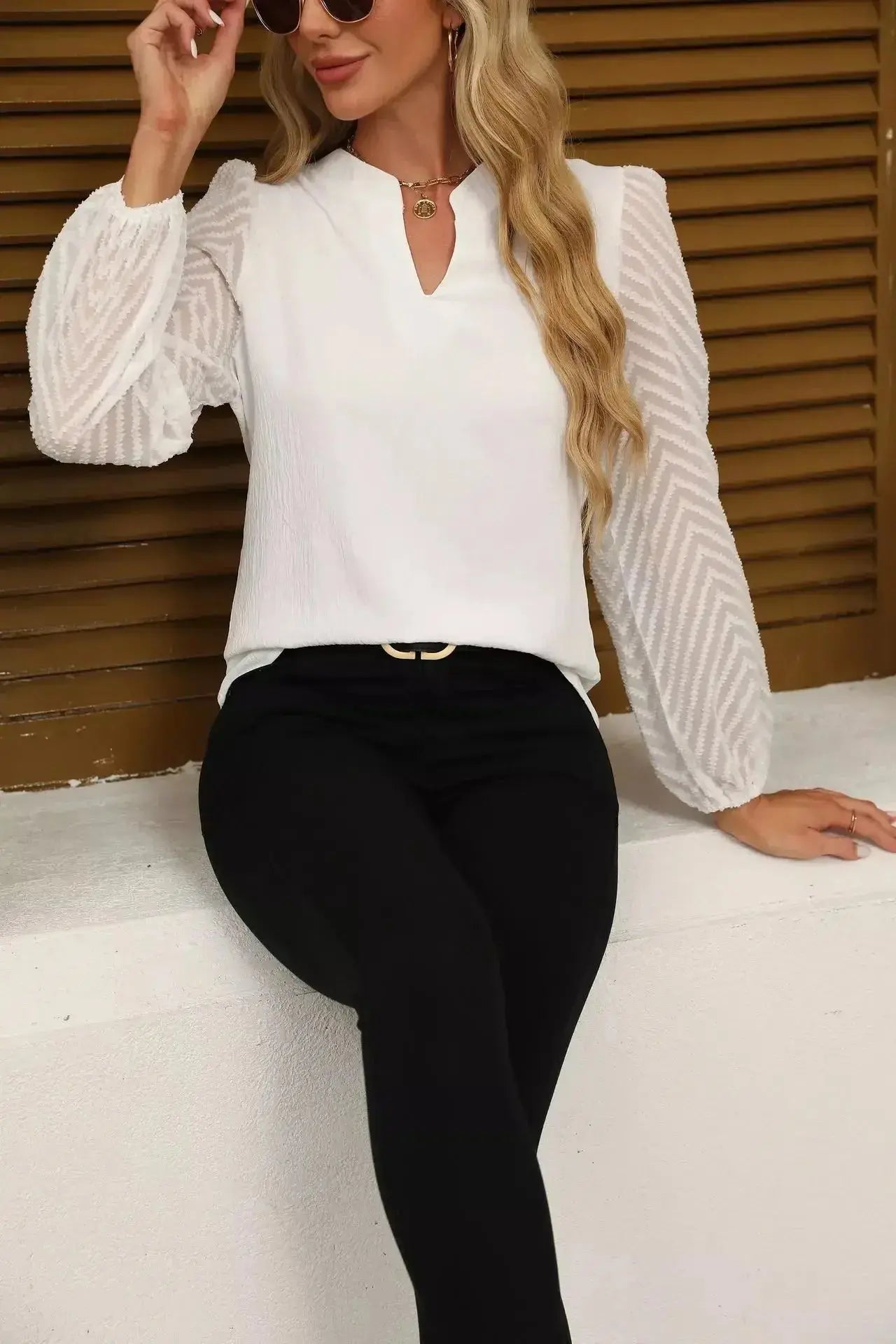 Notched Balloon Sleeve Blouse - DaisyDrop 