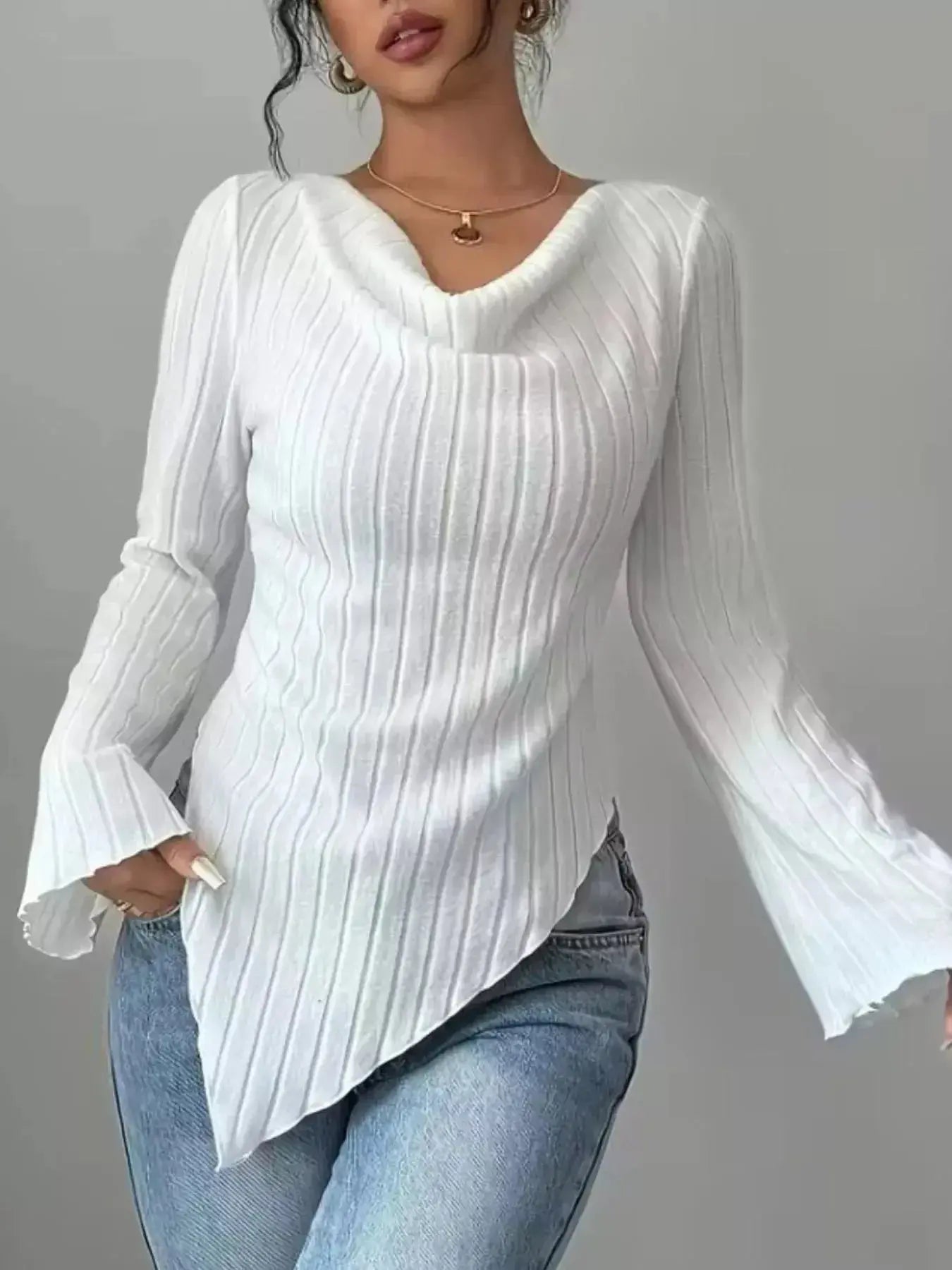 Cowl Neck Ribbed Knit Top - DaisyDrop 