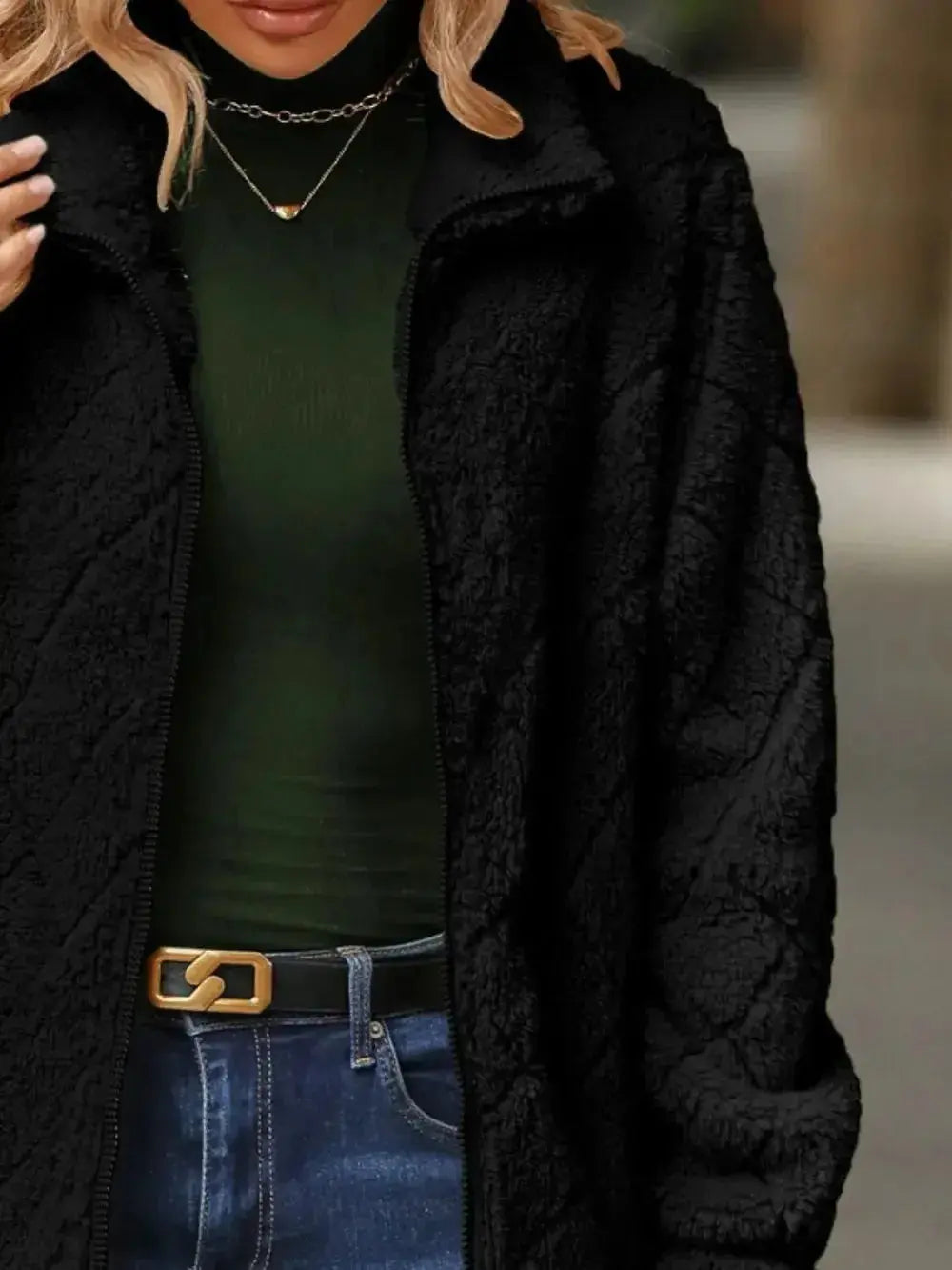 Fuzzy Pocketed Zip Up Jacket - DaisyDrop 