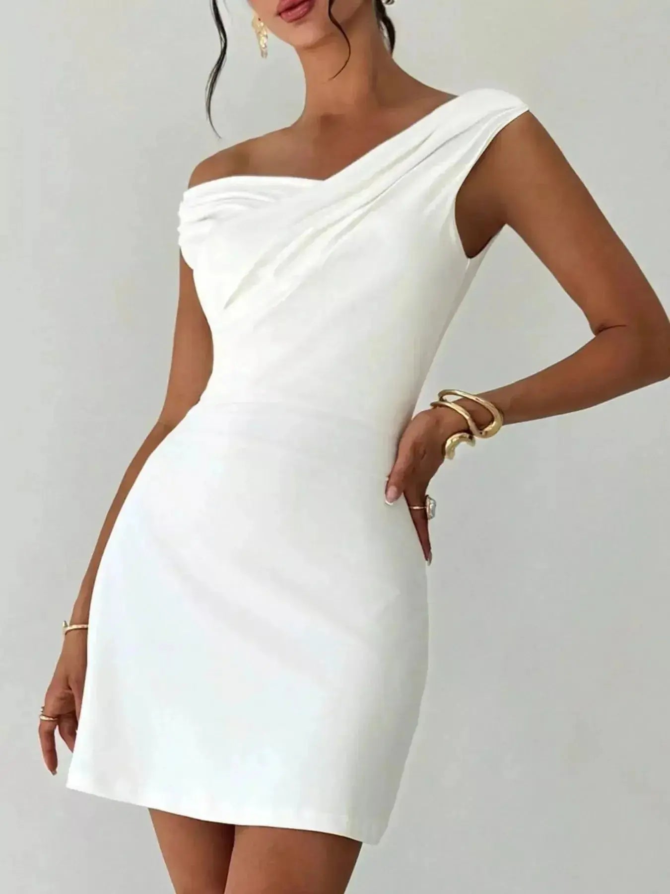 Elegant Off-Shoulder Draped Mini Dress - DaisyDrop 