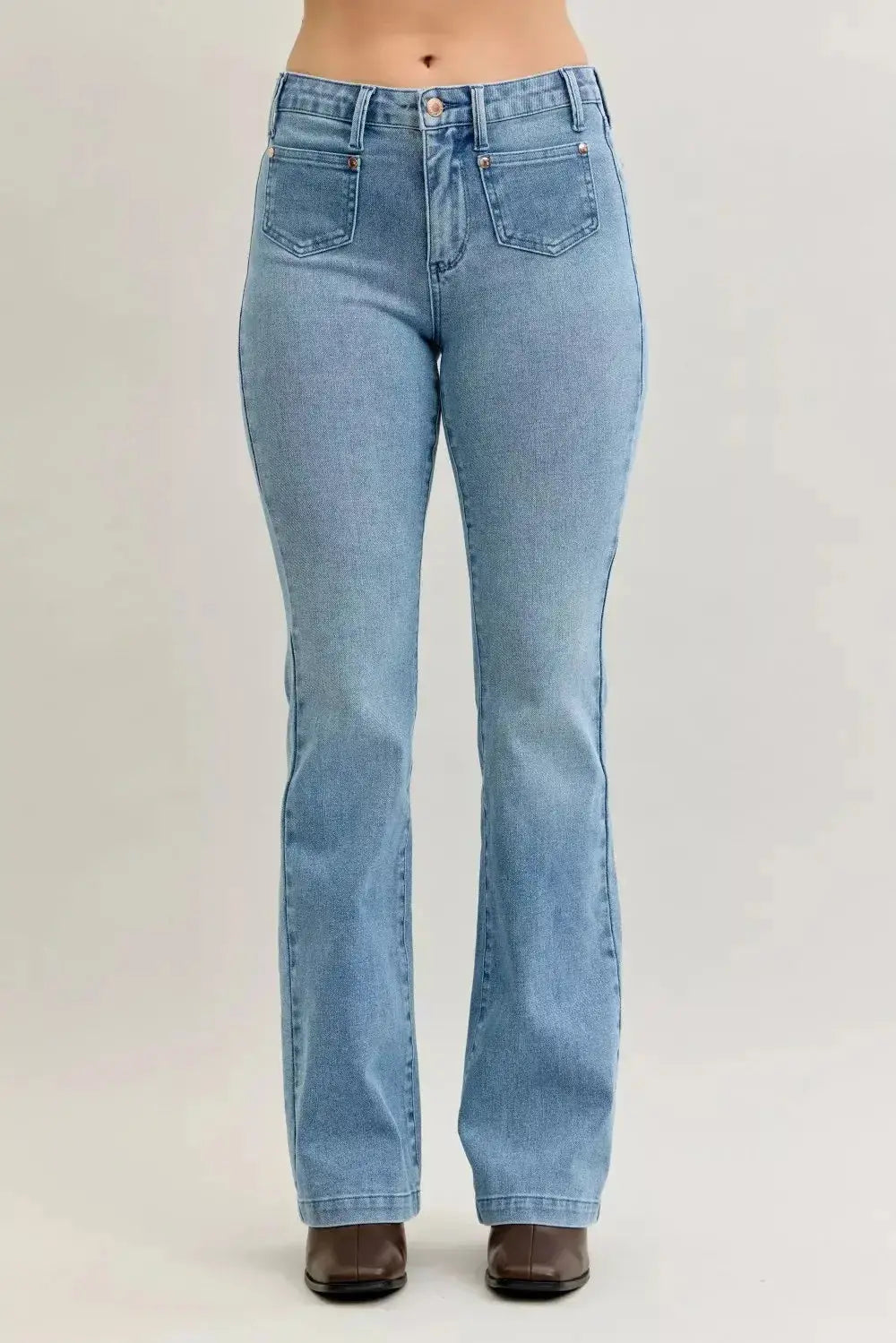 Judy Blue Full Size Mid Rise Bootcut Jeans with Contrast Wash & Front Patch Pockets Plus Size - DaisyDrop 