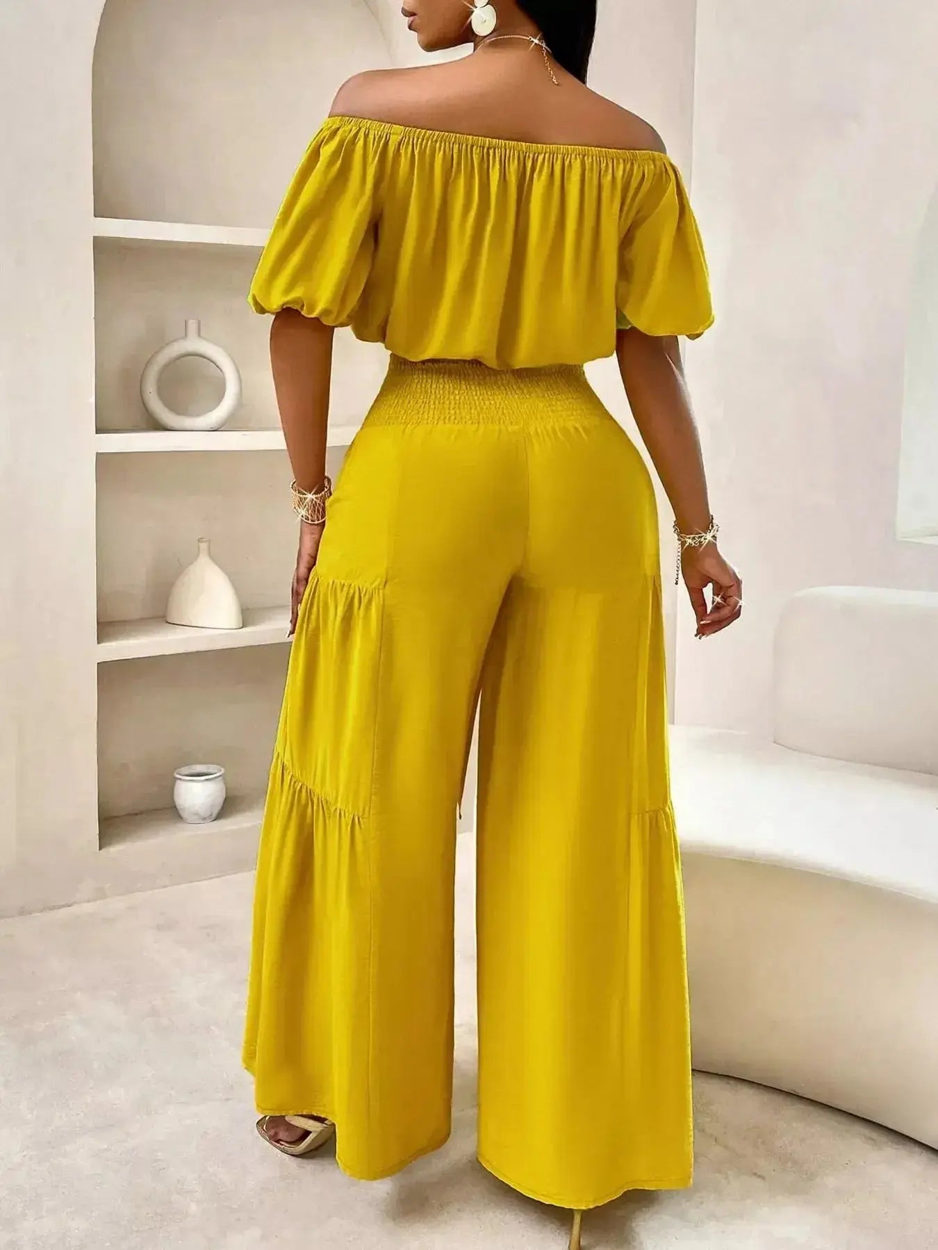 Elegant Off-Shoulder Crop Top and Ruched Wide Leg Pants Set - DaisyDrop 