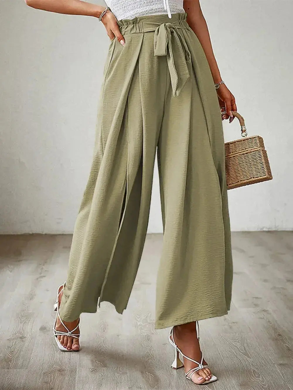 Tied Slit Wide Leg Pants - DaisyDrop 