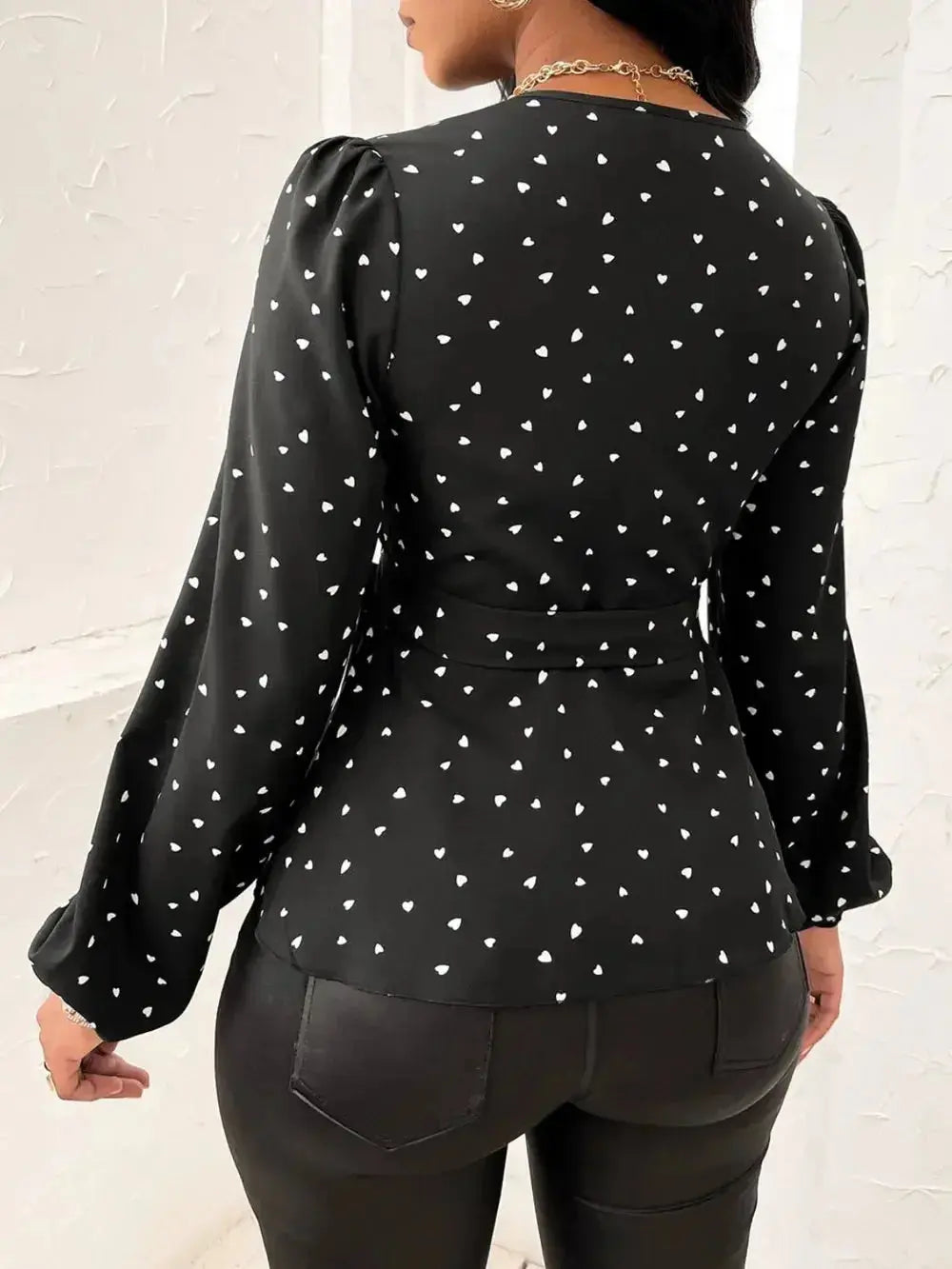 Heart Print Surplice Balloon Sleeve Blouse - DaisyDrop 