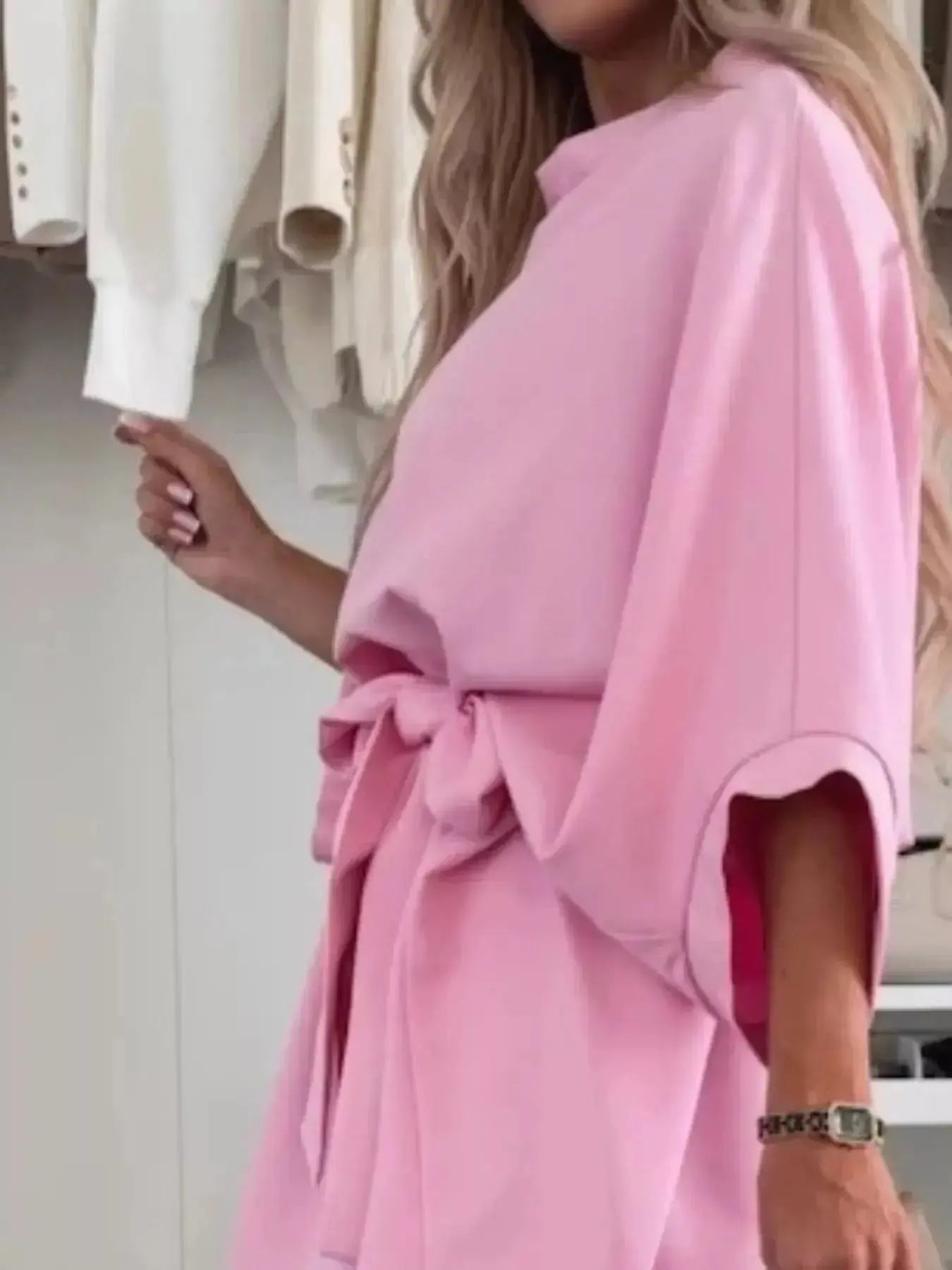 Batwing Sleeve Tie Waist Mini Dress - DaisyDrop 