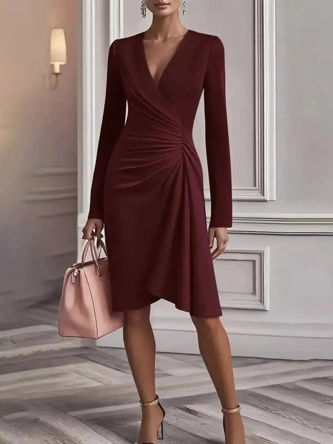 Front Ruched V-Neck Long Sleeve Dress - DaisyDrop 