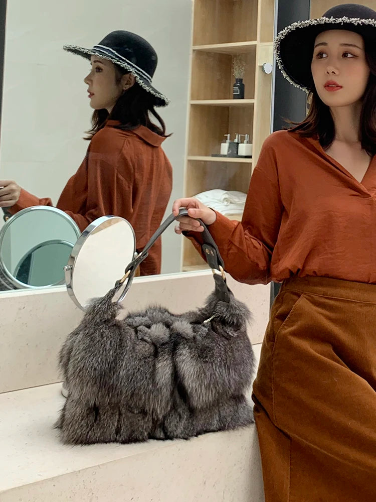 Women Winter Real Fox Fur Luxury Handbag