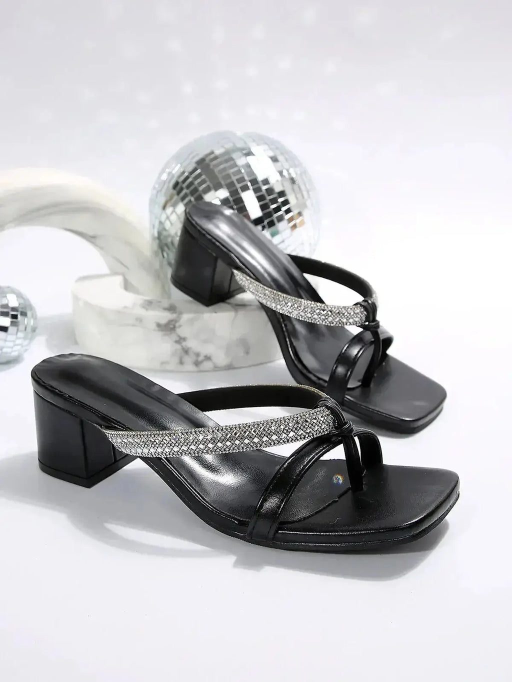 Rhinestone Embellished Block Heel Sandals - DaisyDrop 