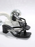 Rhinestone Embellished Block Heel Sandals - DaisyDrop 