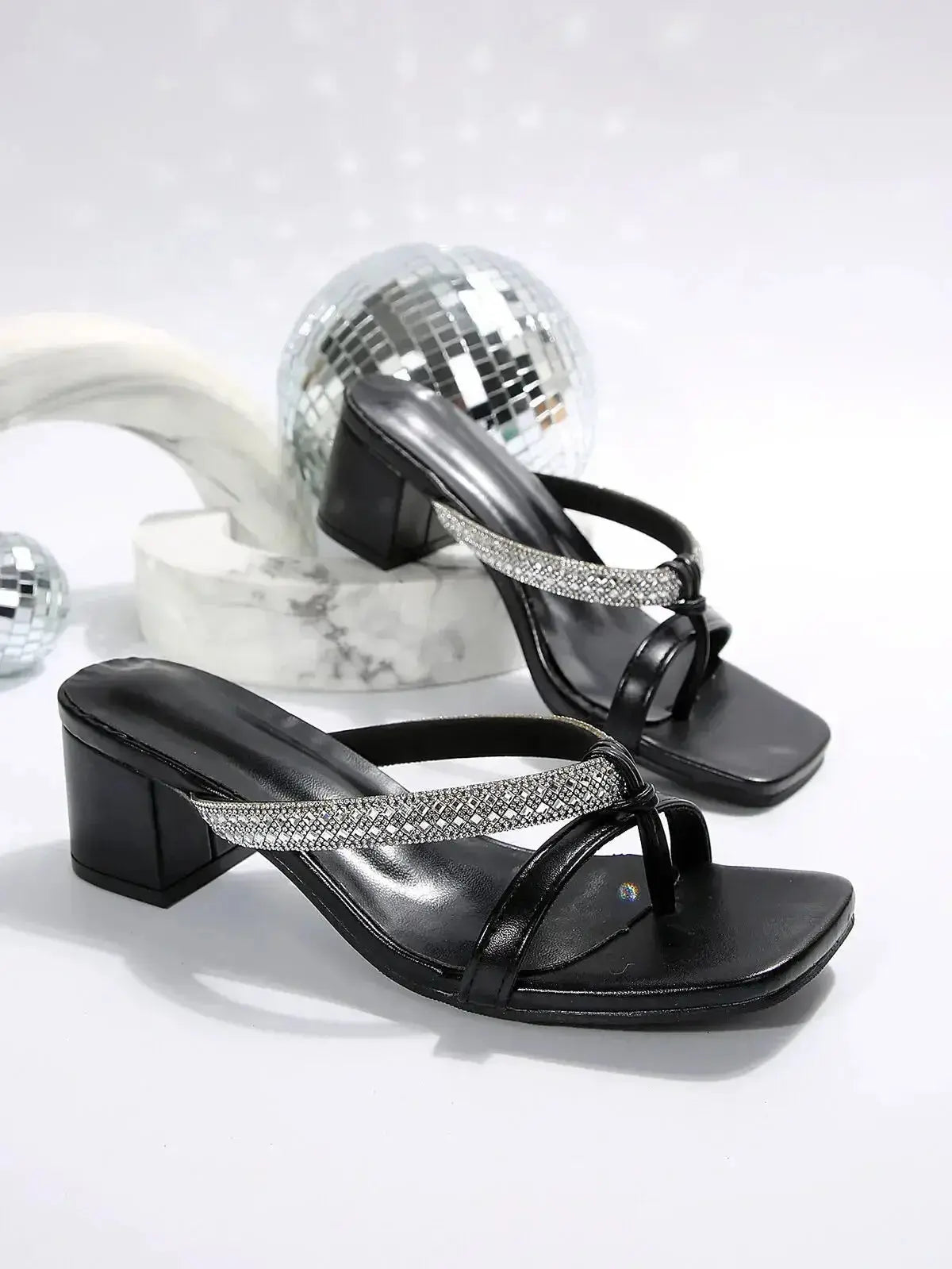 Rhinestone Embellished Block Heel Sandals - DaisyDrop 