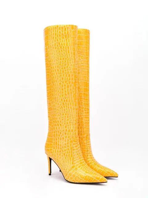 Women Knee High Boots Fluorescent Crocodile Leather Pointed Toe eprolo