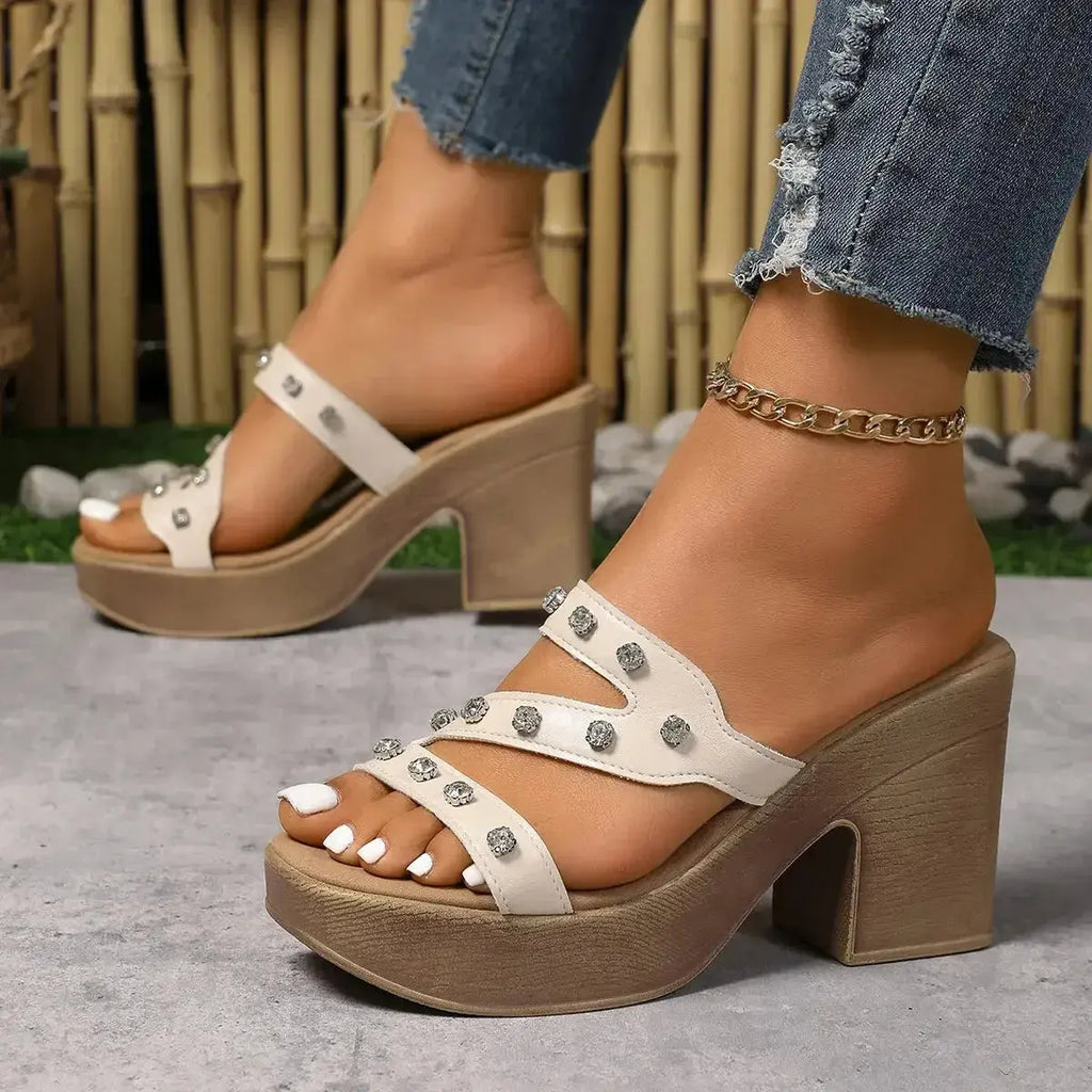 Rhinestone Open Toe Block Heels Sandals - DaisyDrop 
