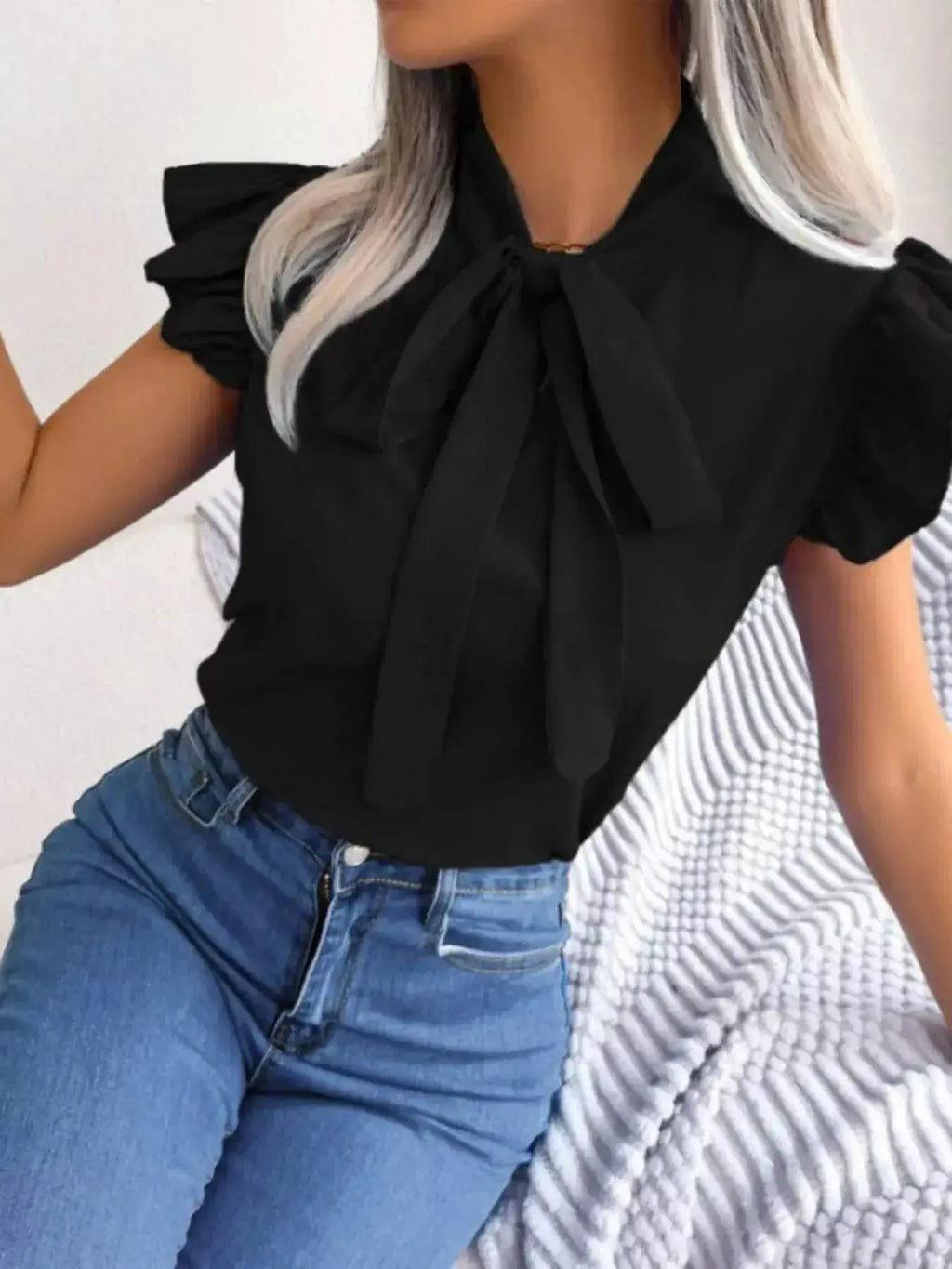 Bow Tie Ruffle Sleeve Blouse - DaisyDrop 